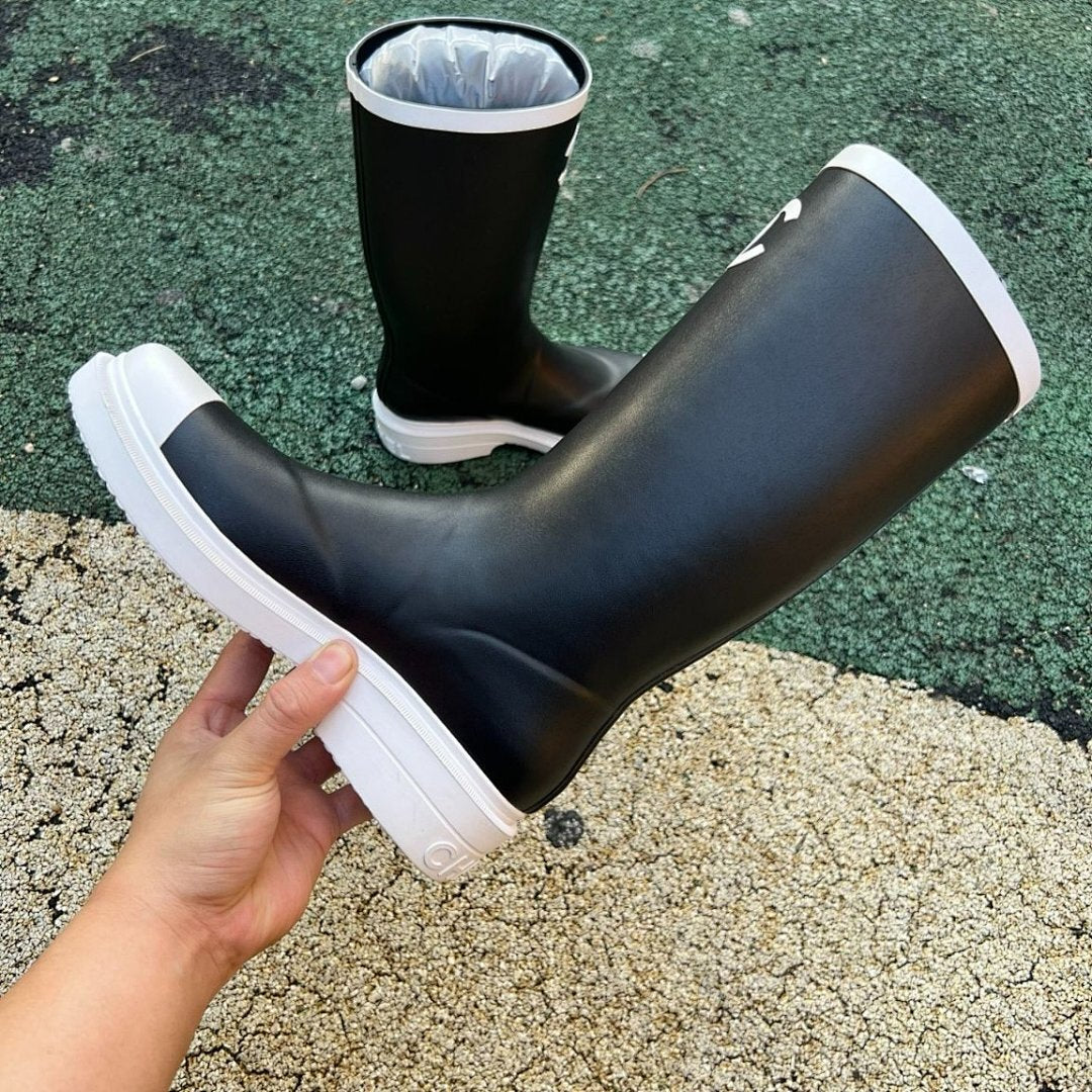 Chanel Black Rubber Rain Boots White Cap Toe CC Logo