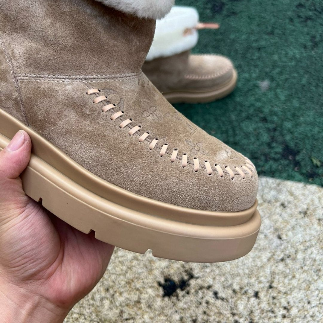 Louis Vuitton Women's Snowdrop Flat Boot Monogram Suede Shearling Fur-Lined Platform Winter Ankle Boots Brown Taupe