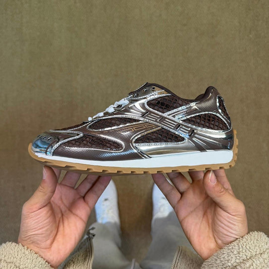 Bottega Veneta Orbit Metallic Mesh Runner Sneakers Silver Brown