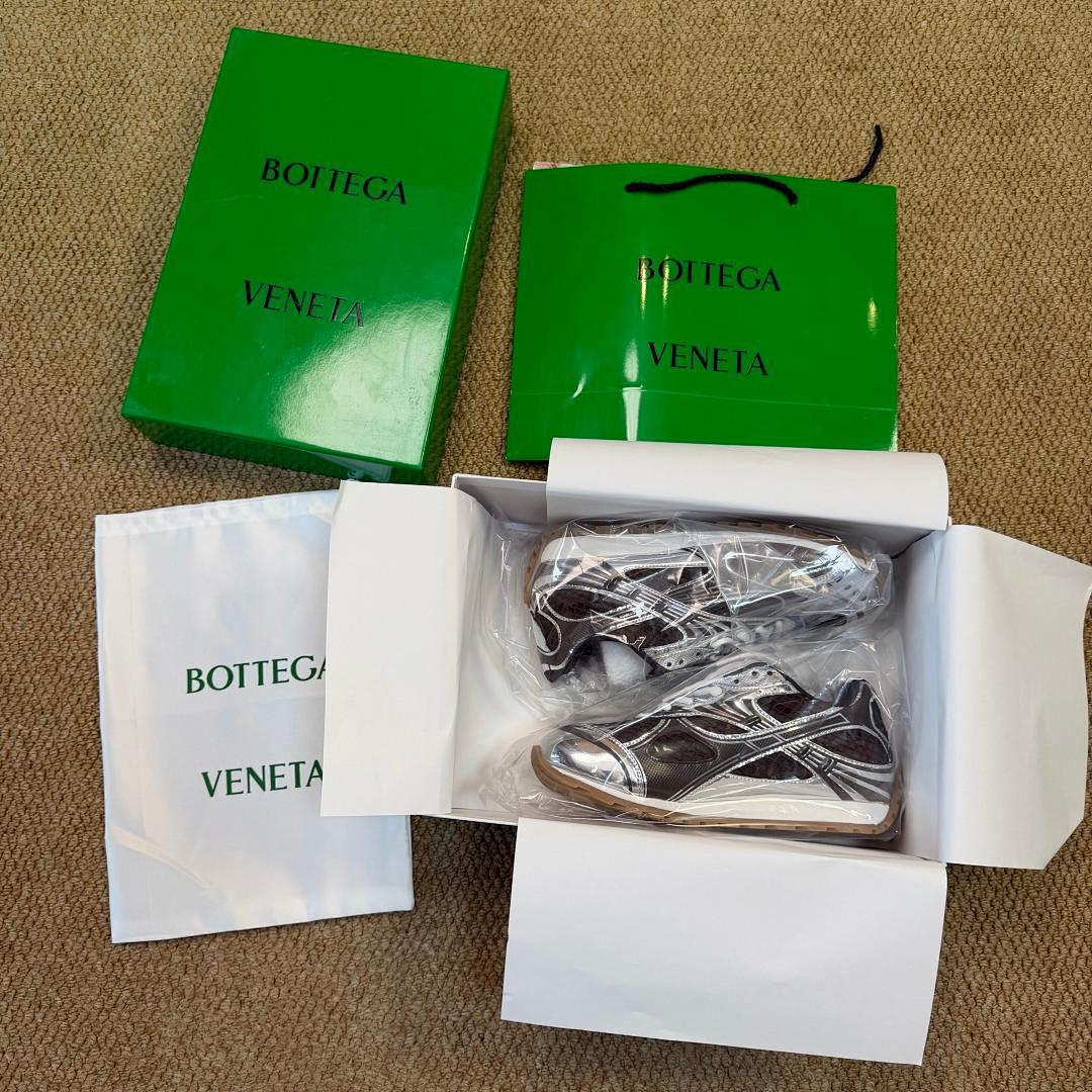 Bottega Veneta Orbit Metallic Mesh Runner Sneakers Silver Brown