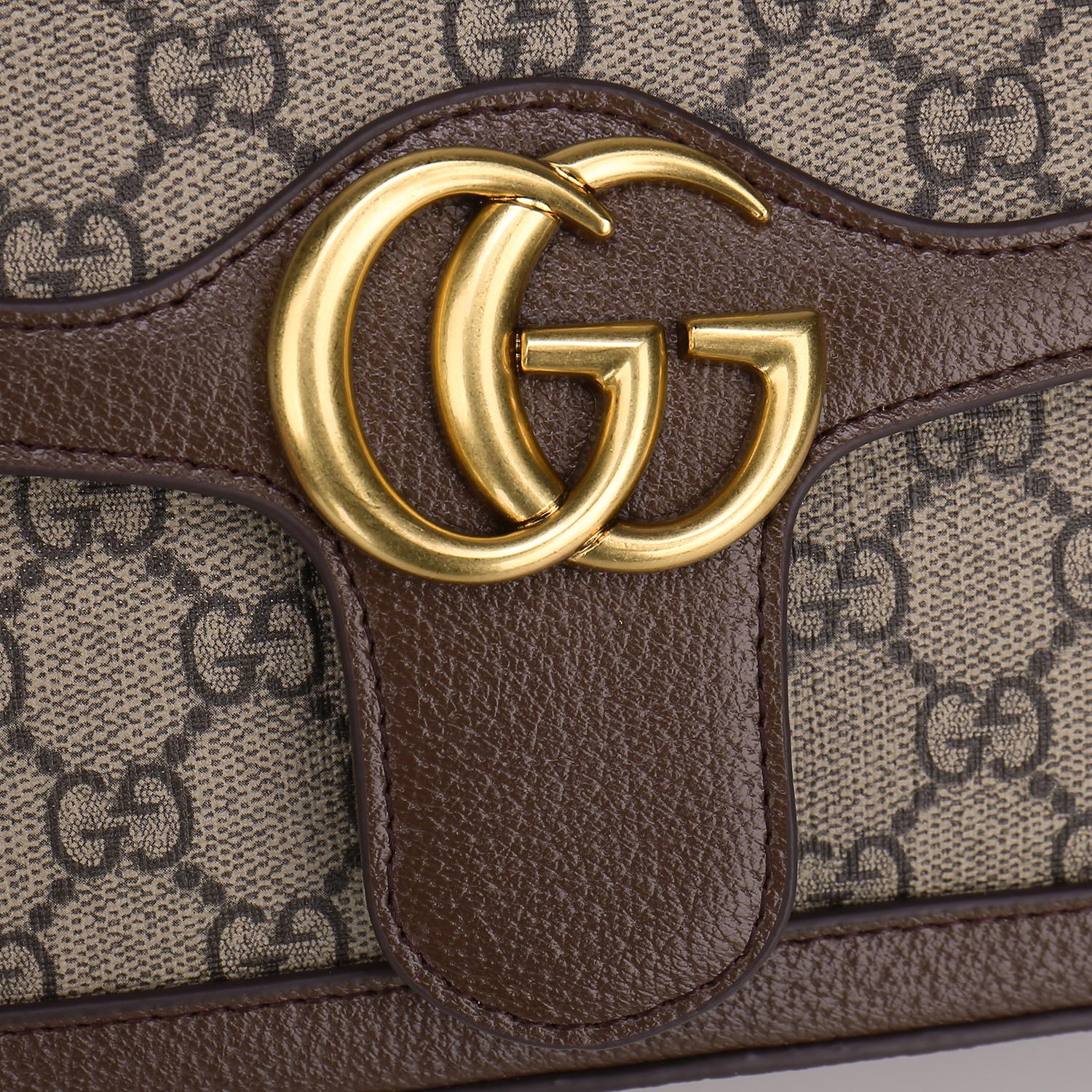 Gucci Classic Monogram Flap Shoulder Bag with Gold Chain and Leather Trim