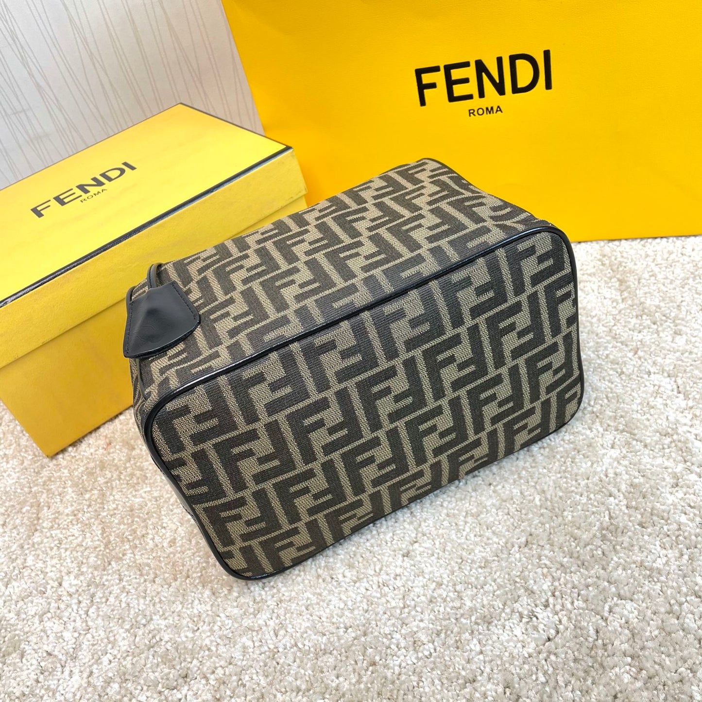 Fendi Small By The Way Boston Bag - Brown FF Monogram Canvas with Black Leather Trim