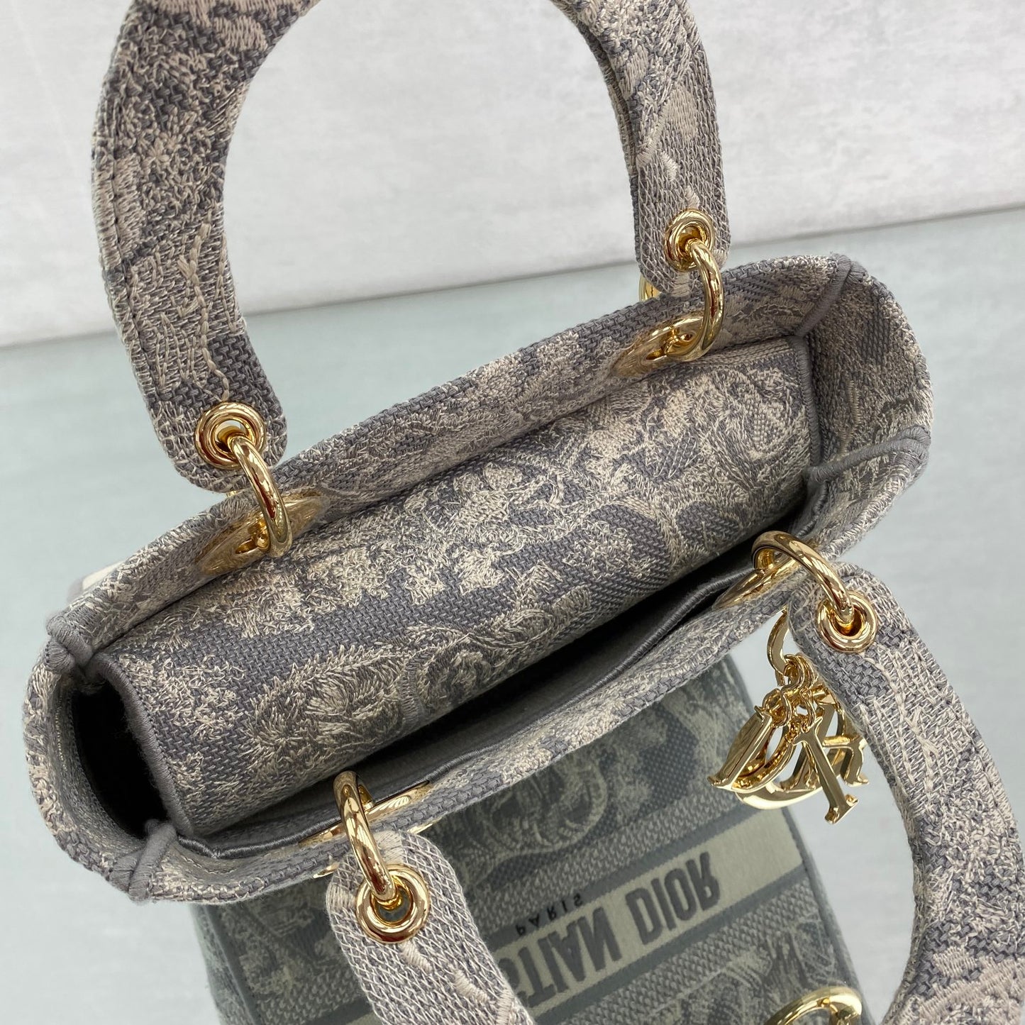 Dior Elegant Grey Toile de Jouy Embroidered Canvas Top Handle Bag