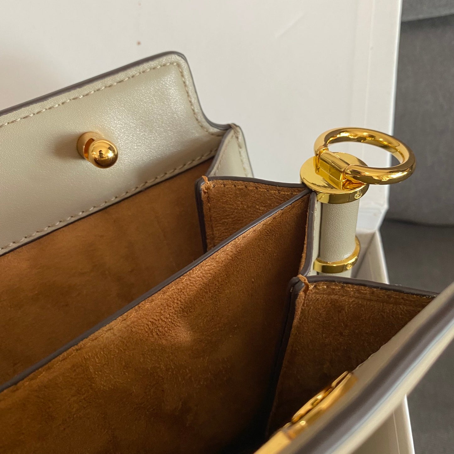 Fendi Grey Leather Shoulder Bag with Gold-Tone Hardware
