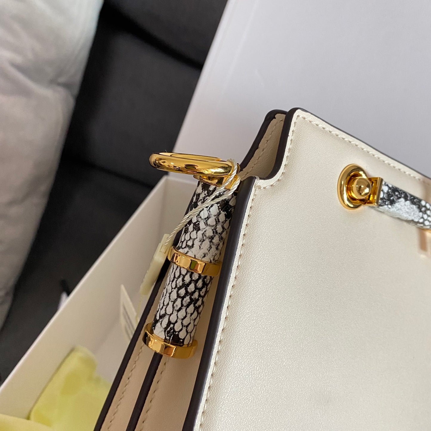 Fendi Women's White Leather O'Lock Handbag with Snake Print Strap and Gold Hardware