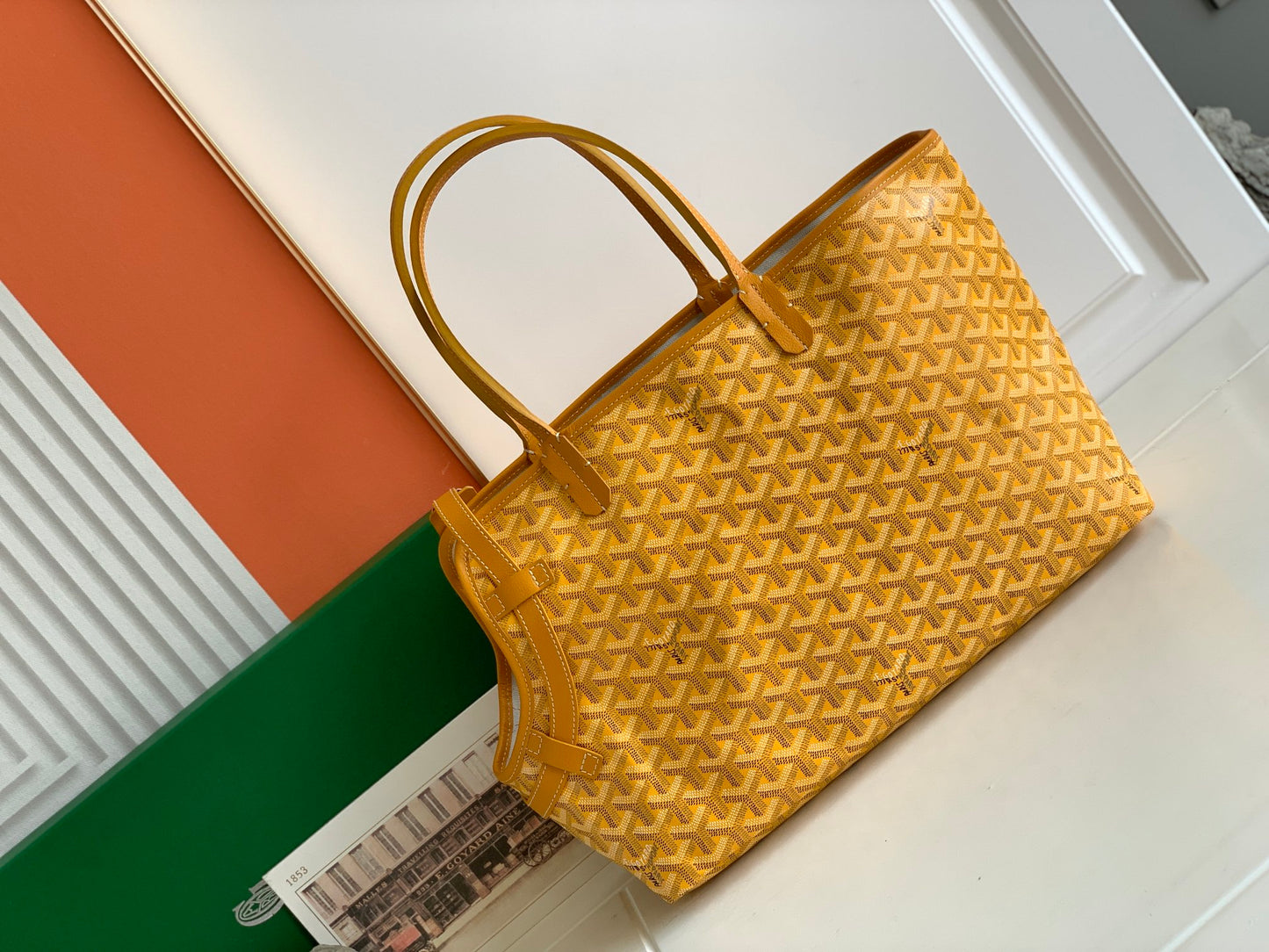 Gogy Classic Yellow Chevron Print Tote Bag with Leather Handles