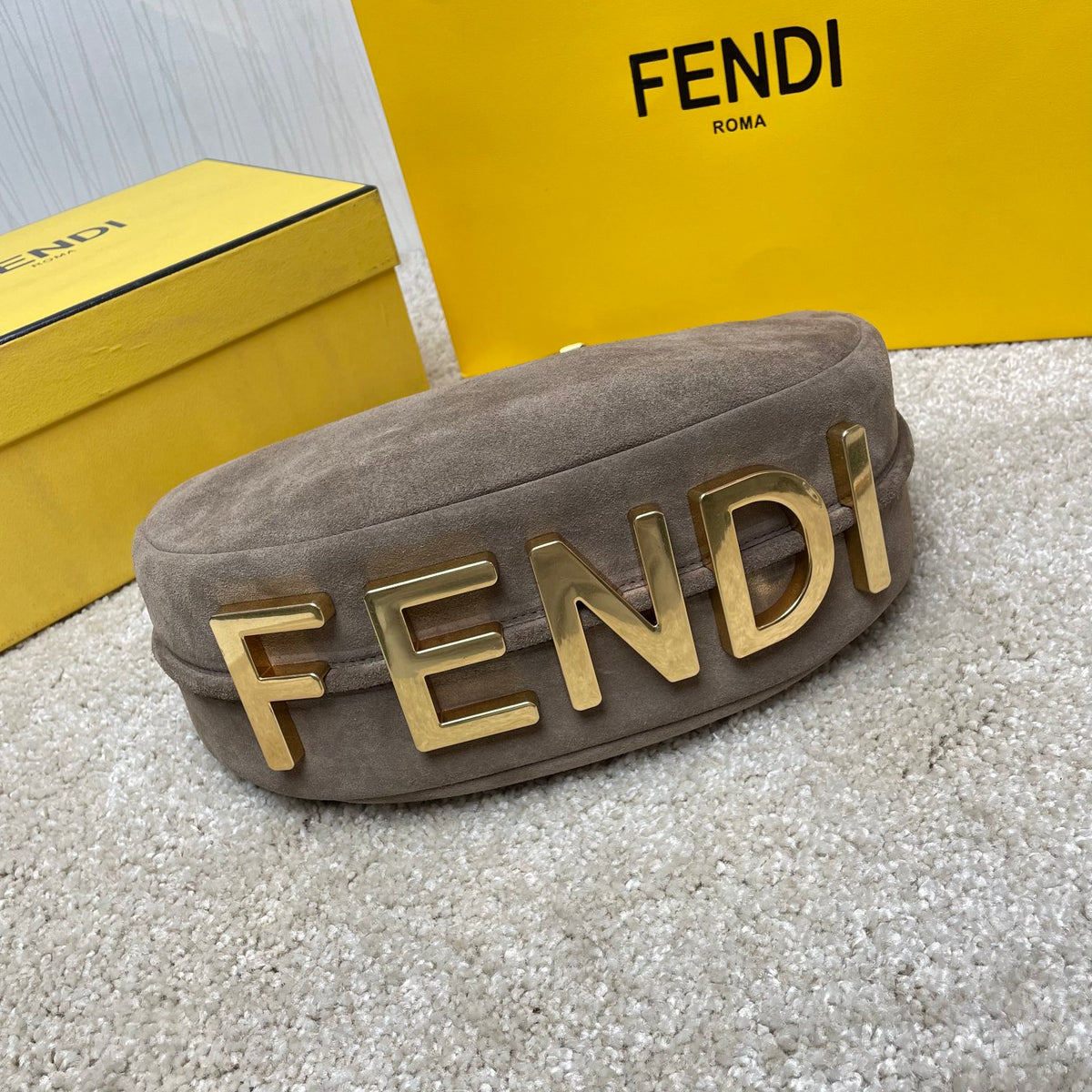 Fendi Suede Crescent Hobo Bag - Taupe Grey Small Shoulder Bag