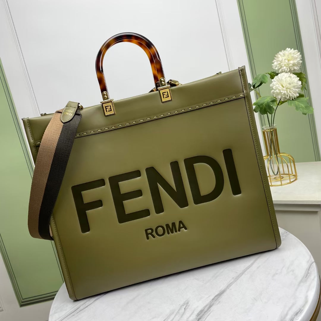 Fendi Sunshine Large Tote Bag - Olive Green Leather with Tortoiseshell Handles