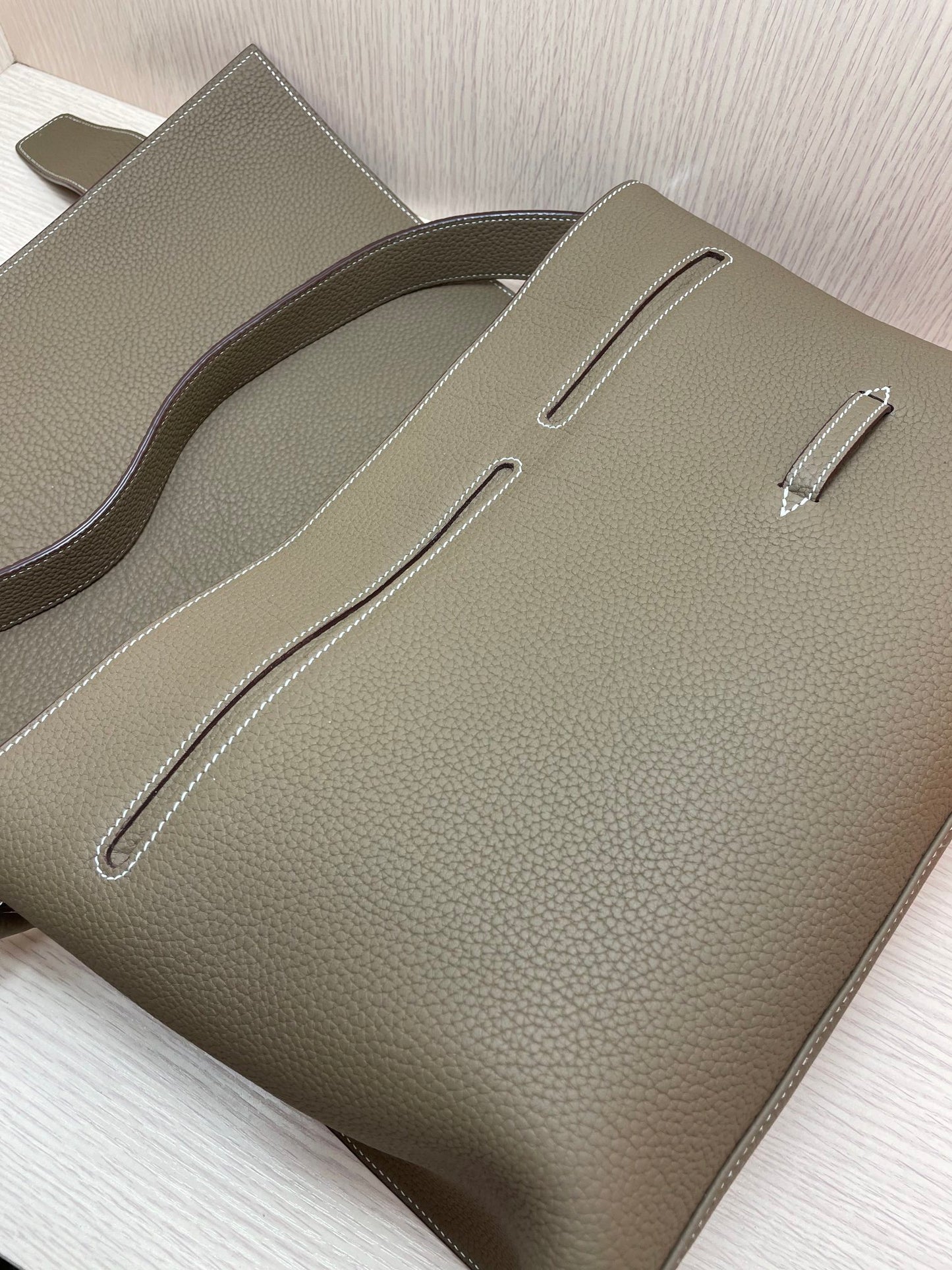 Luxury Taupe Pebbled Leather Messenger Bag with Adjustable Strap