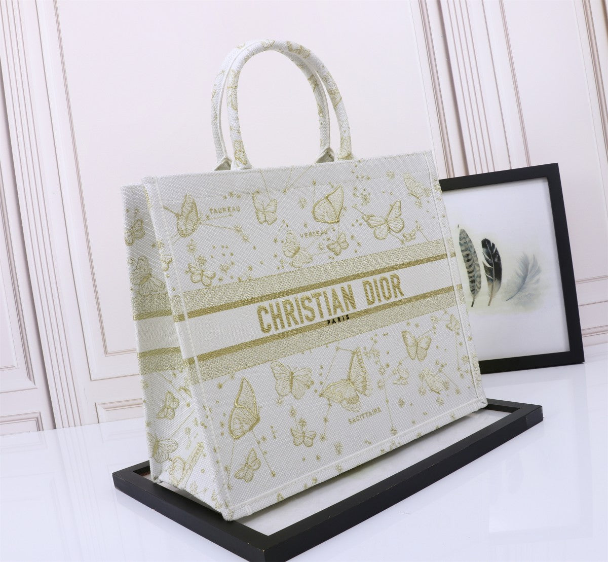 Christian Dior Medium Book Tote - White and Gold Butterfly Embroidery