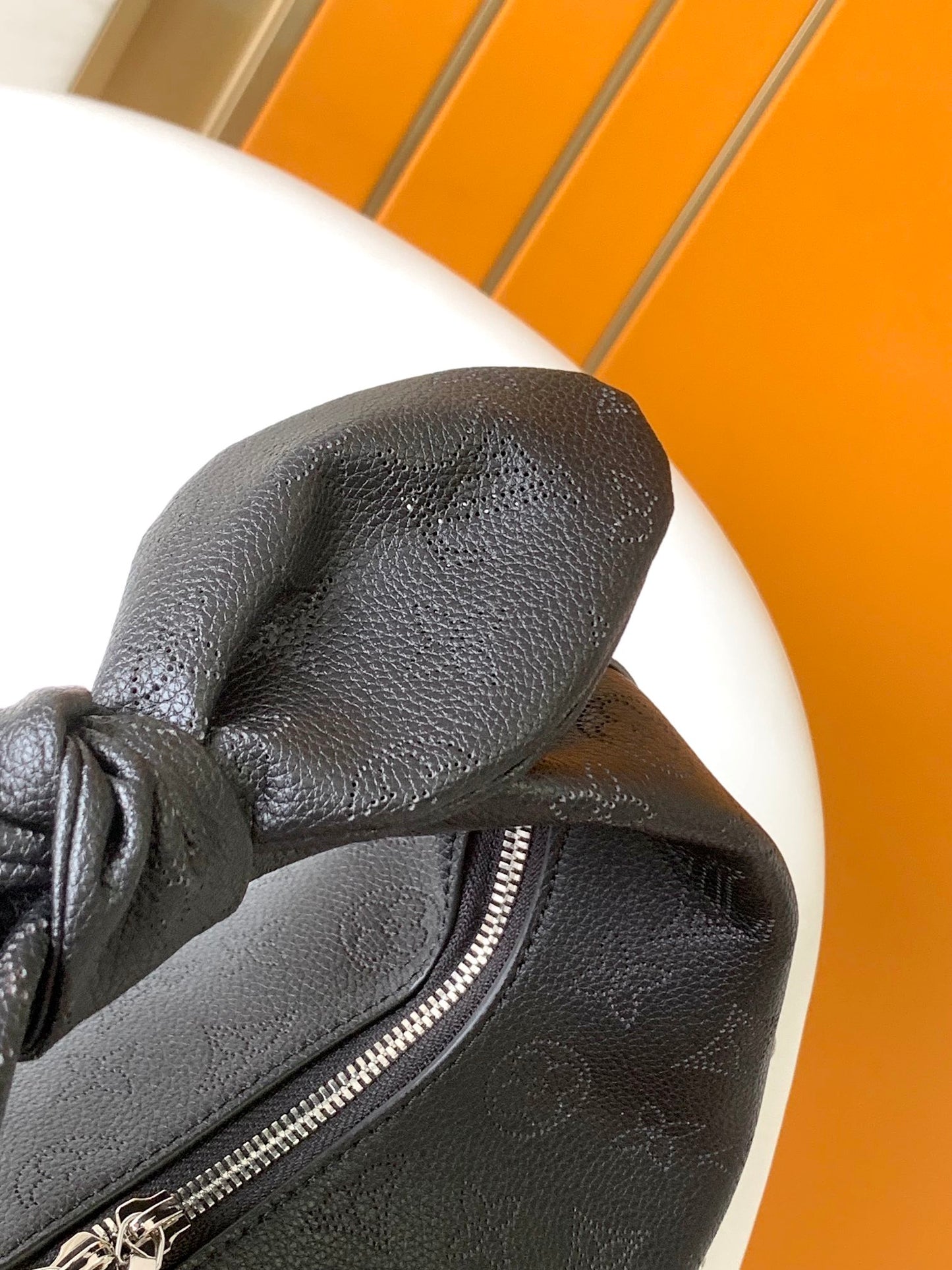 Louis Vuitton Black Embossed Hobo Handbag with Top Knot Handle and Chain Strap