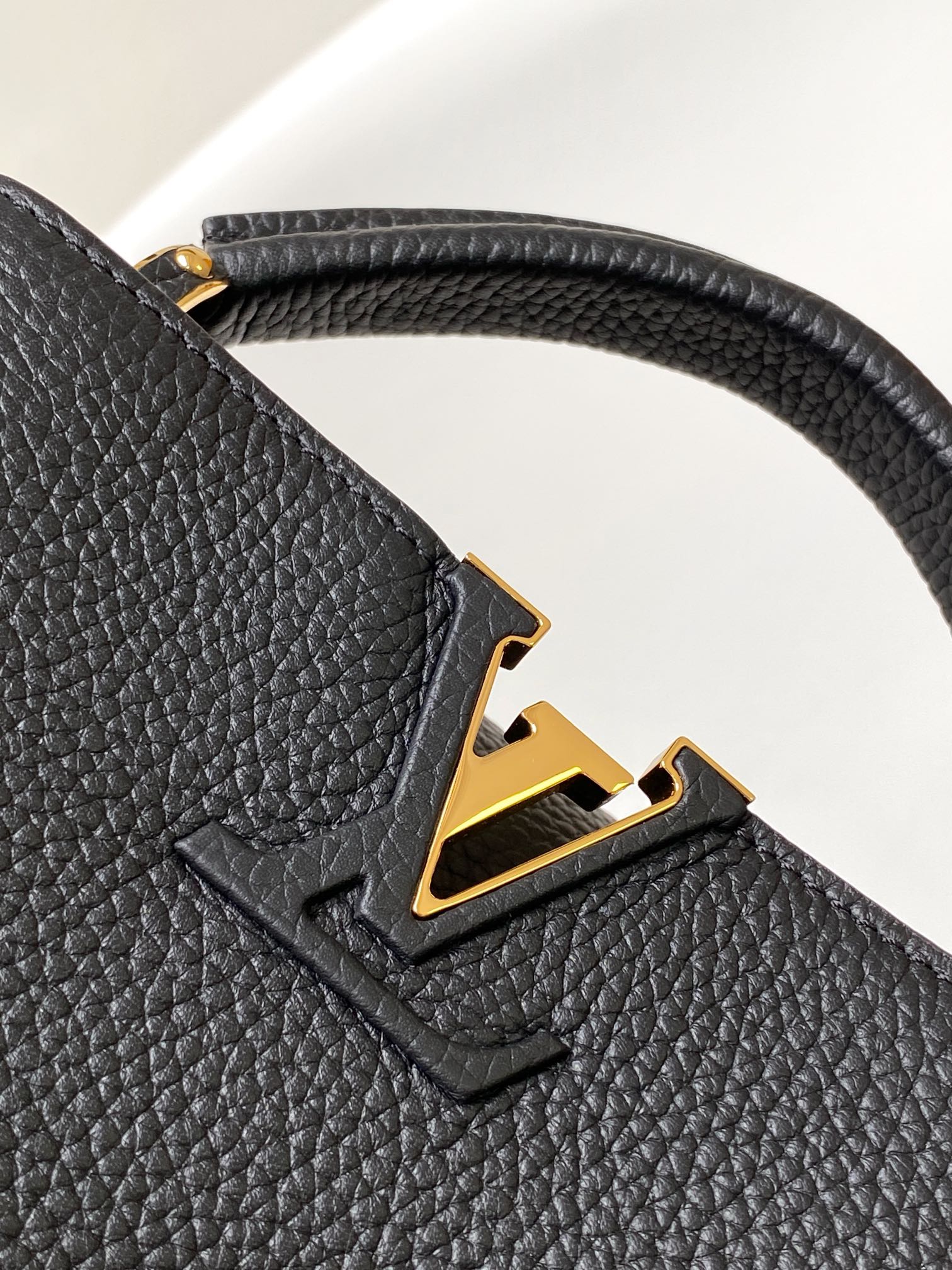 Louis Vuitton Black Textured Leather Top Handle Handbag with Gold V-Hardware