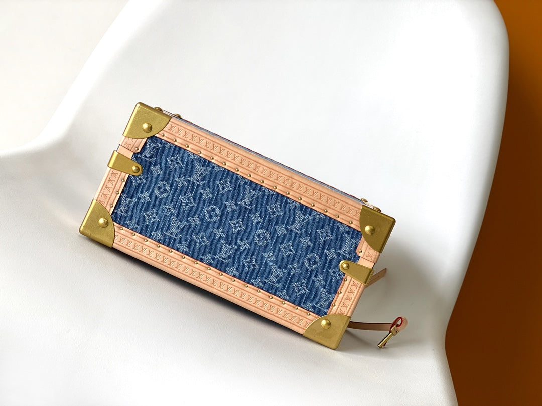 Louis Vuitton Blue Monogram Denim Mini Trunk Jewelry Box with Leather Trim