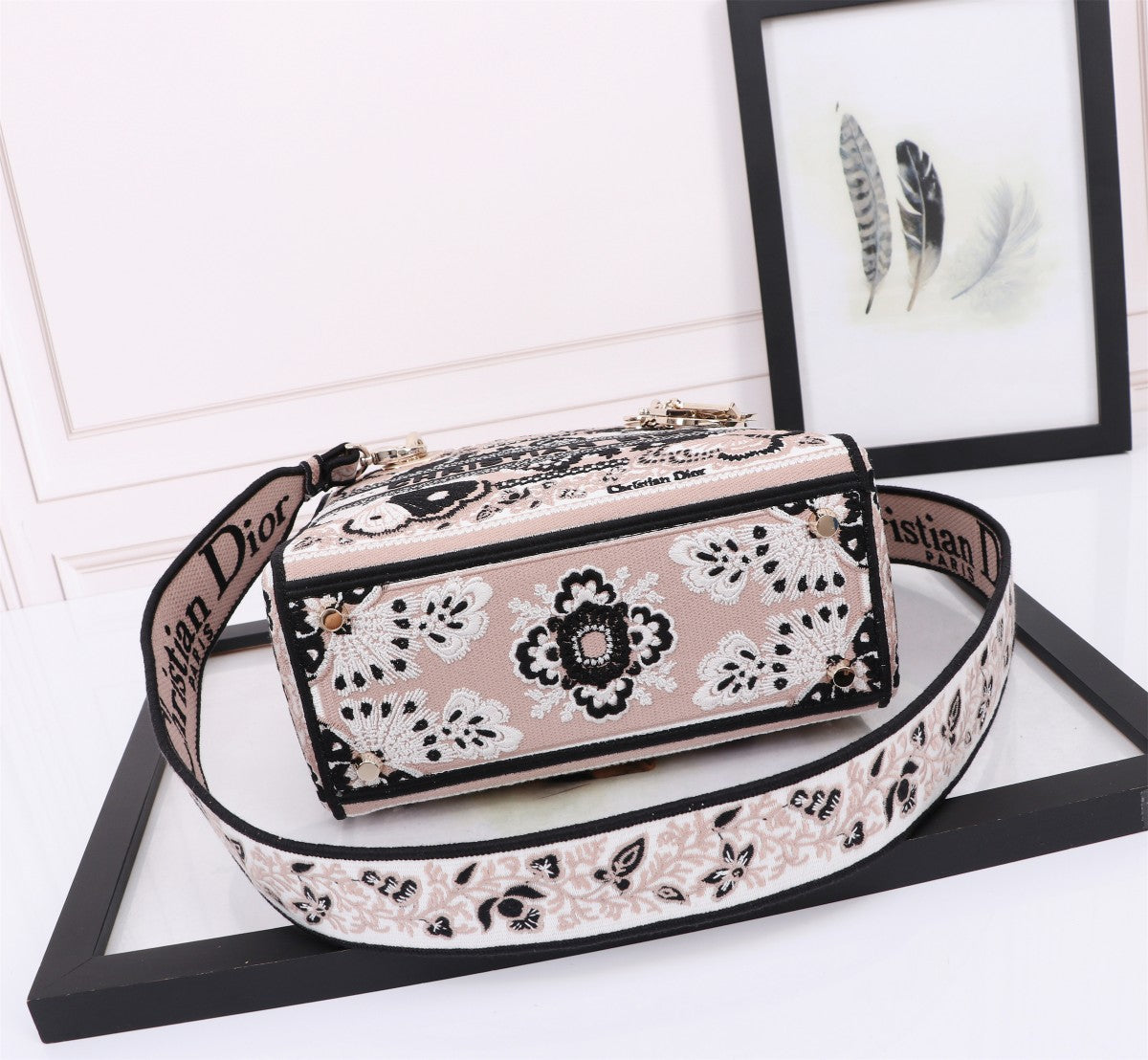 Christian Dior Lady D-Lite Handbag with Butterfly Embroidery - Cream and Black Canvas