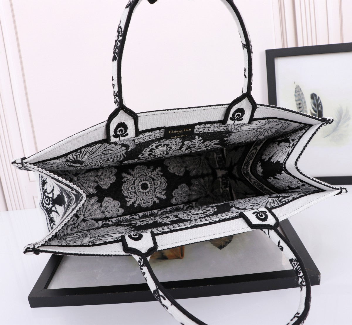 Dior Black and White Floral Butterfly Embroidered Canvas Tote Bag