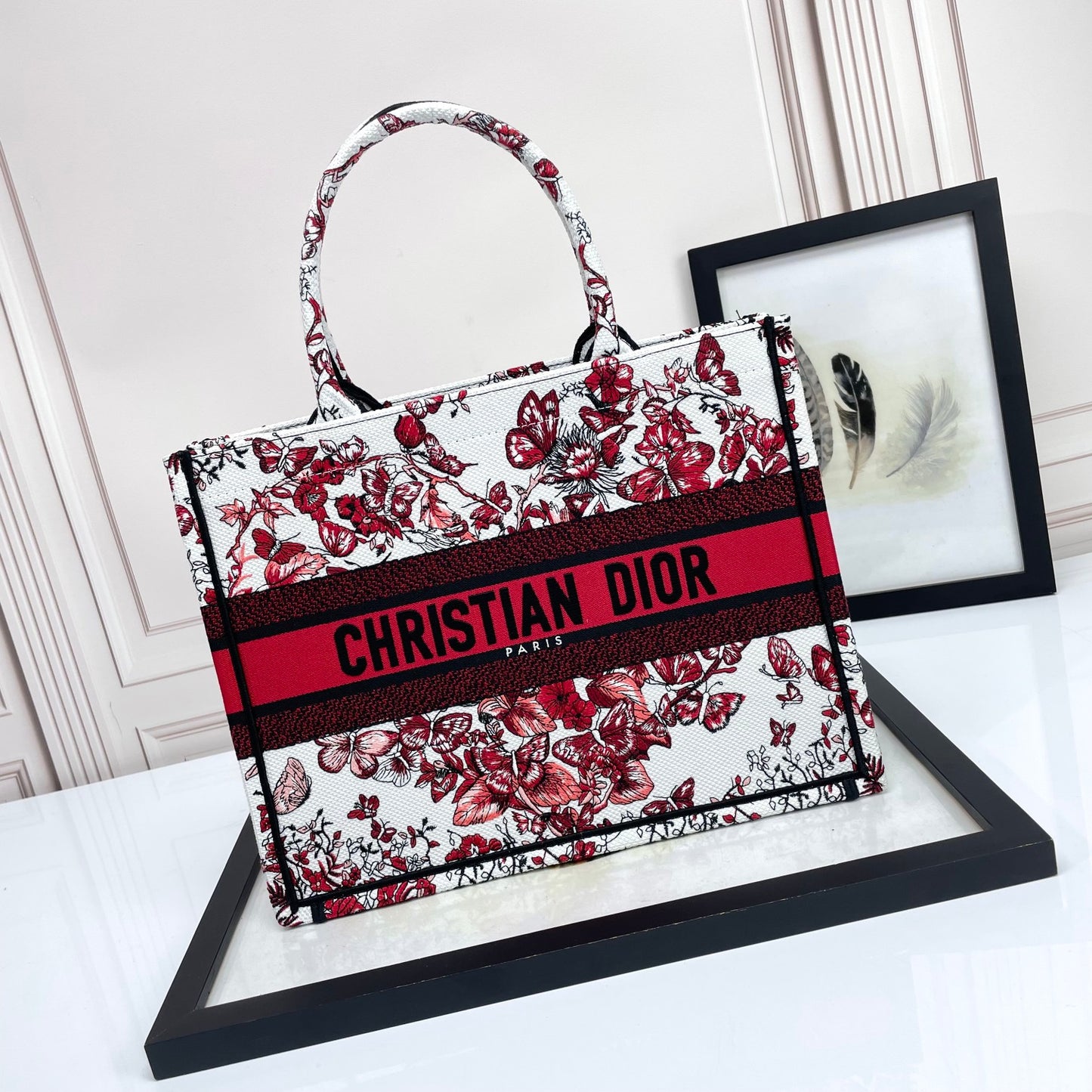 Christian Dior Medium Book Tote - Red and White Butterfly Embroidered Canvas
