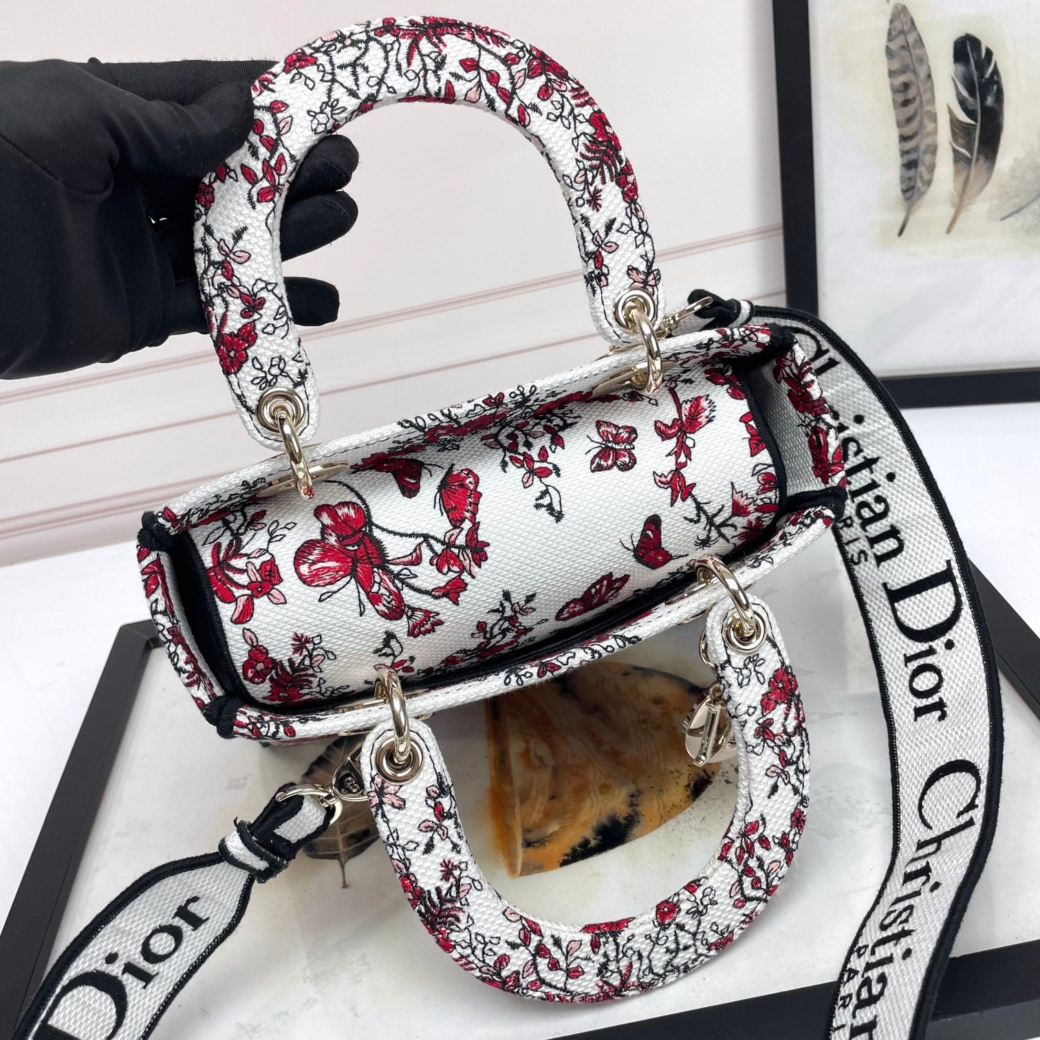 Christian Dior Lady D-Lite Handbag White and Red Butterfly Pattern