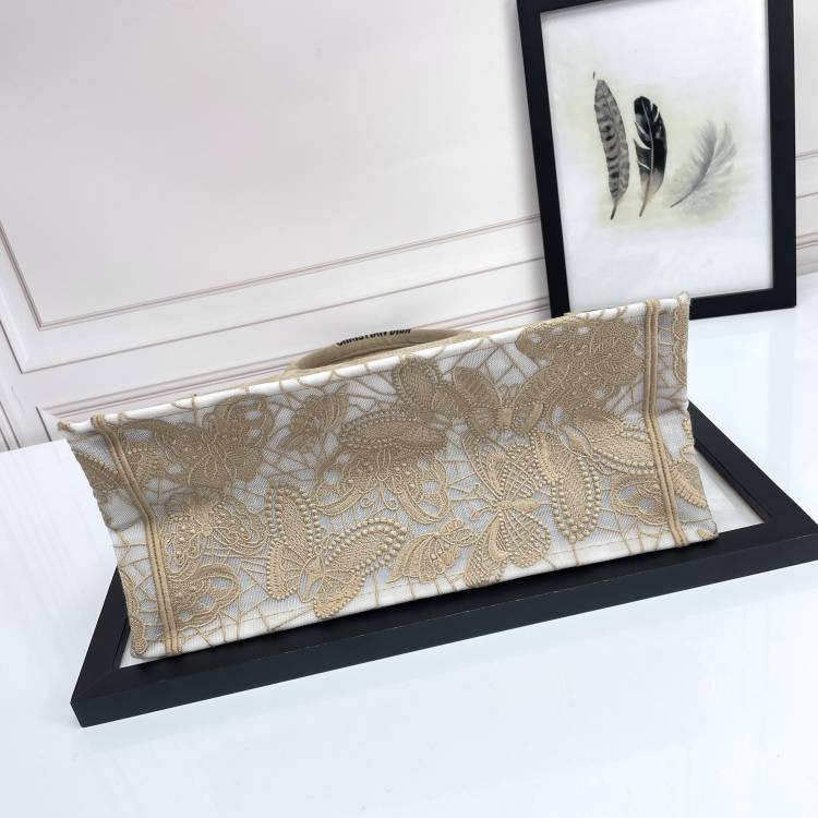 Dior Elegant Floral Lace Embroidered Canvas Tote Bag with Top Handles