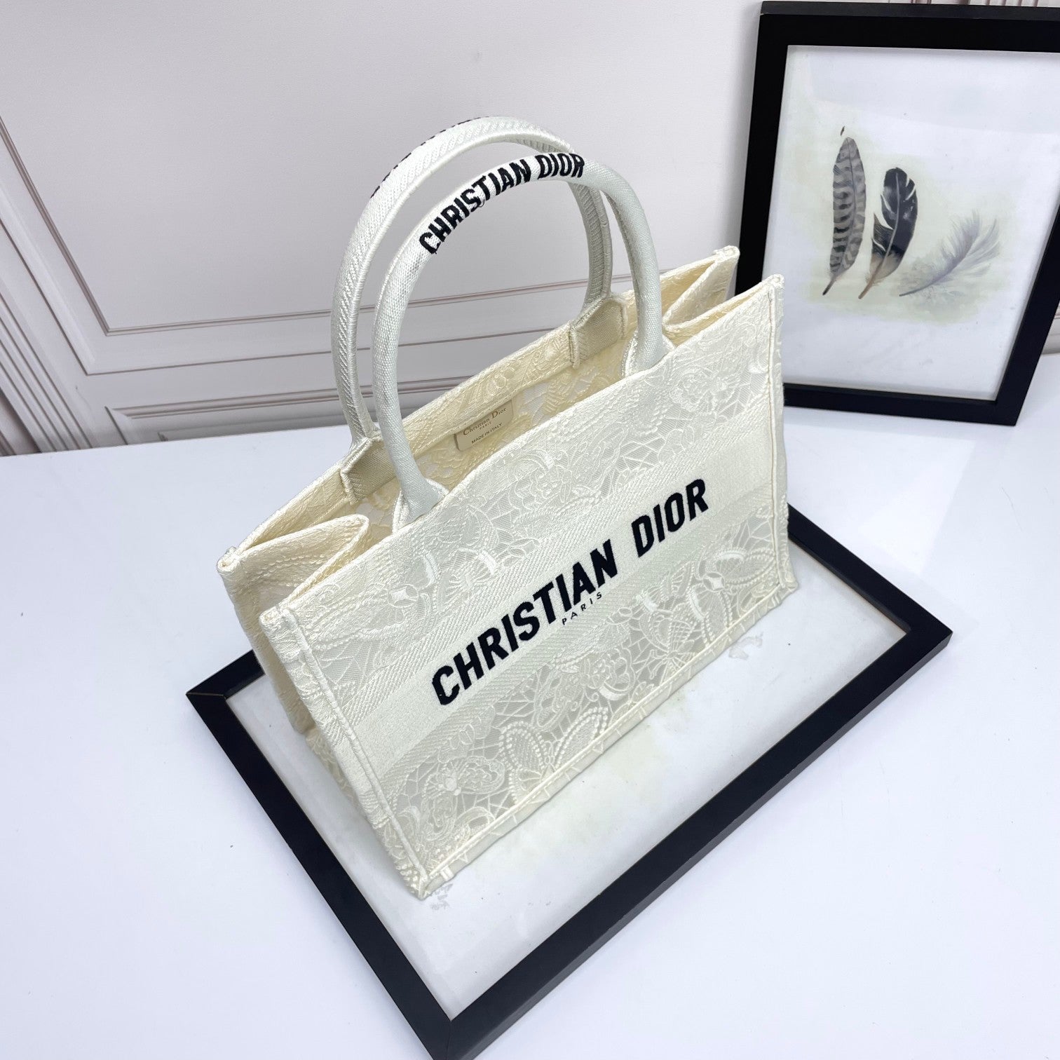 Christian Dior White Embroidered Canvas Book Tote Bag