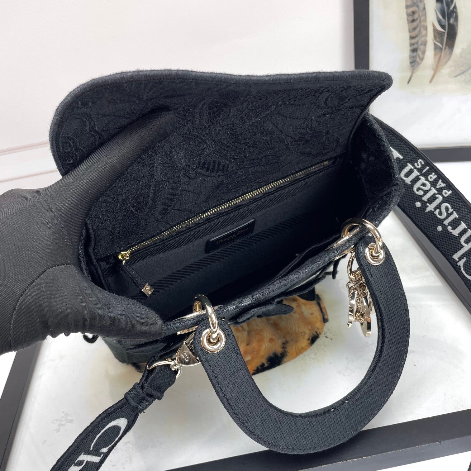 Christian Dior Black Lady D-Lite Embroidered Canvas Bag