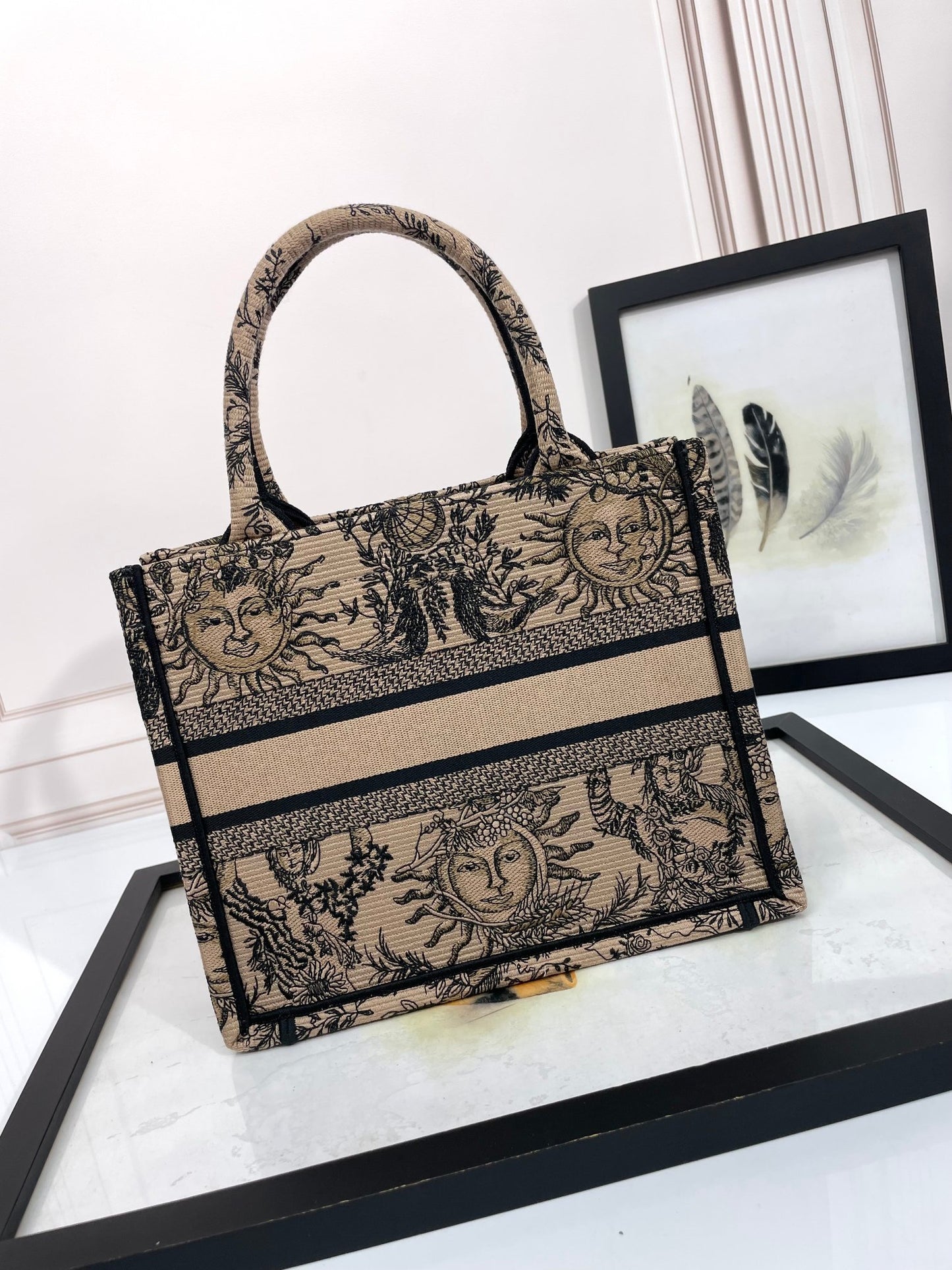 Dior Vintage Sun Face Print Canvas Tote Bag Beige Top Handle Handbag