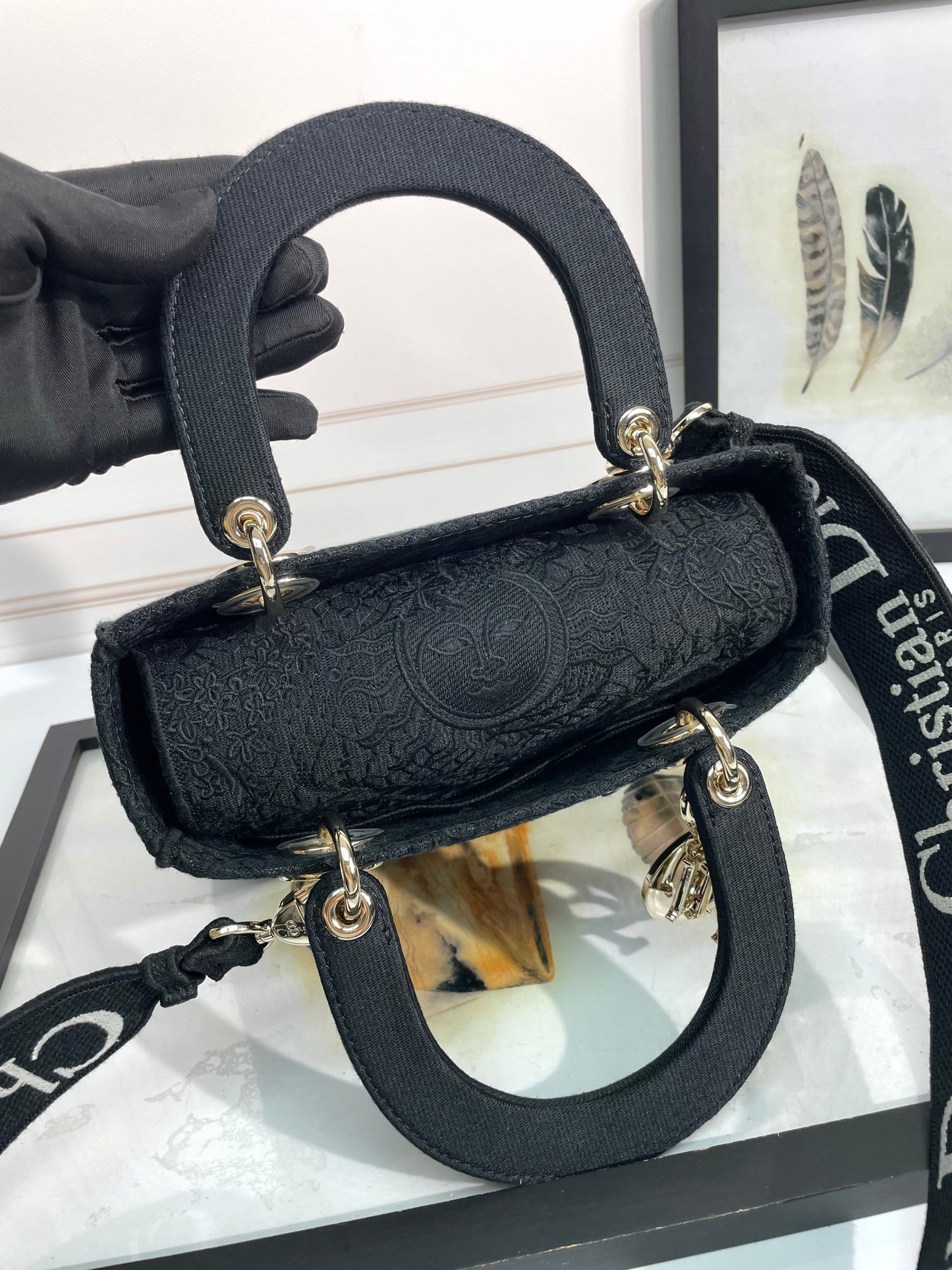Christian Dior Medium Lady D-Lite Bag in Black Embroidered Canvas