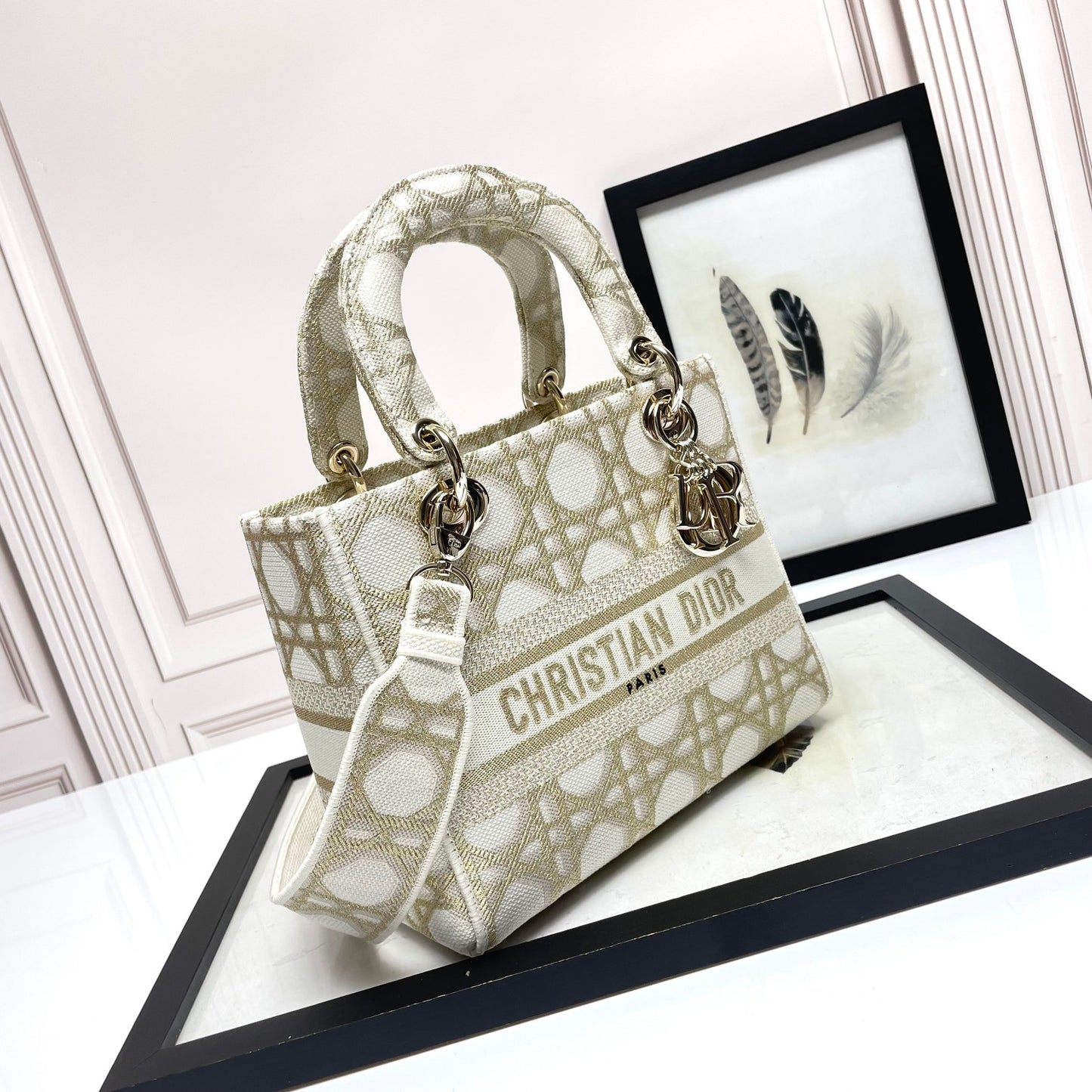Dior Elegant Beige Embroidered Canvas Satchel Top Handle Shoulder Bag