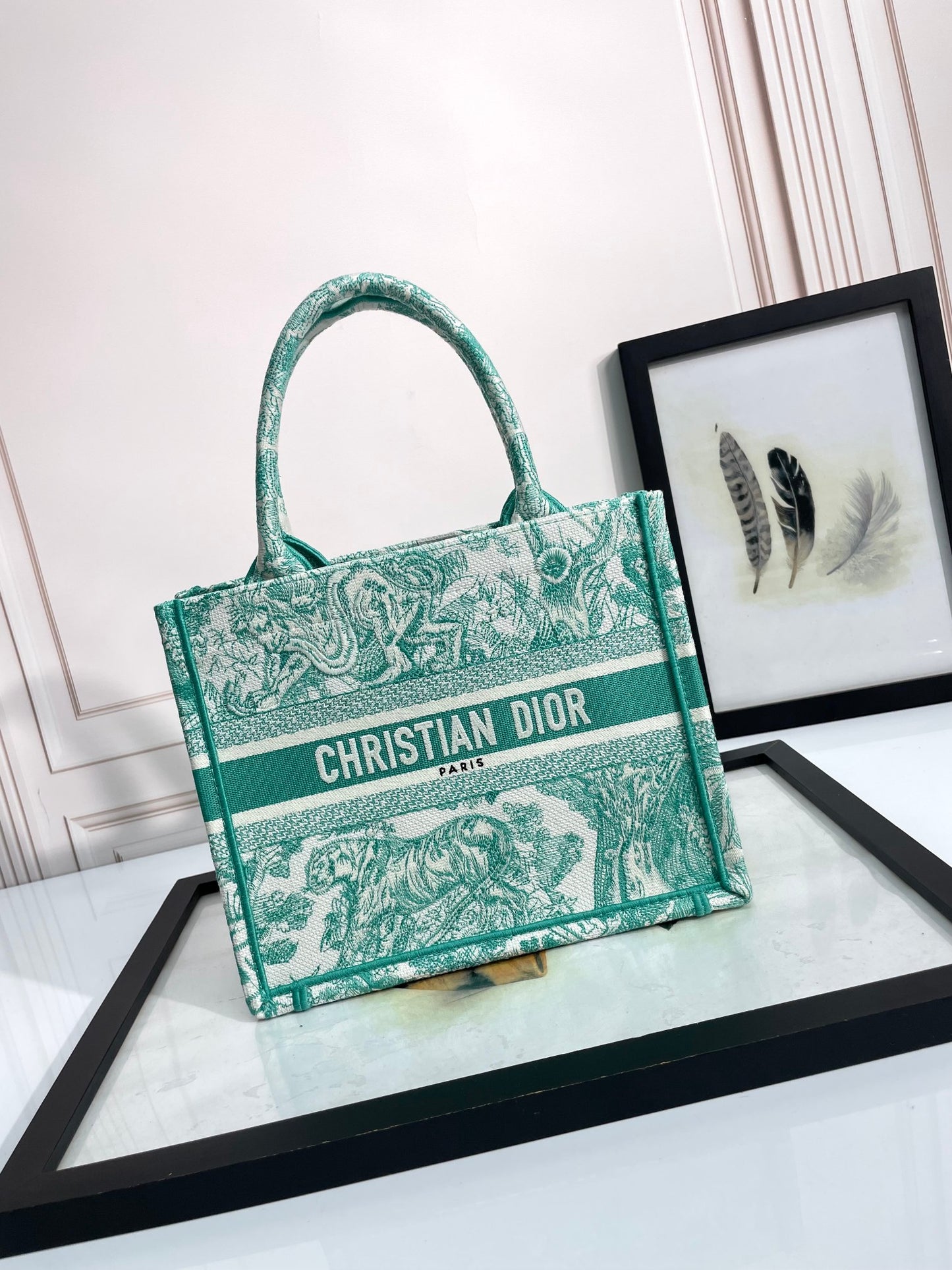 Dior Green and White Embroidered Canvas Tote Bag with Top Handles
