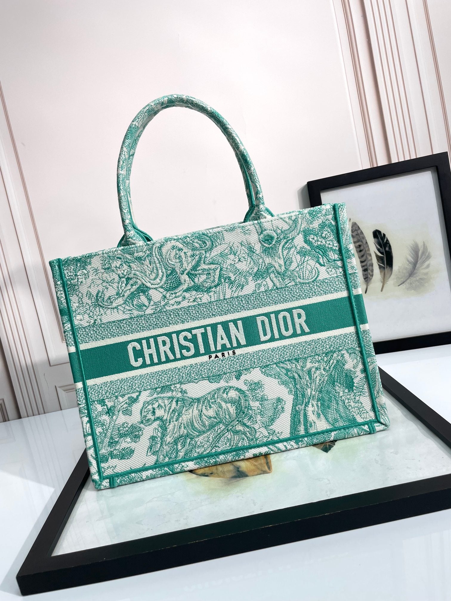 Dior Green Toile de Jouy Embroidered Canvas Tote Handbag