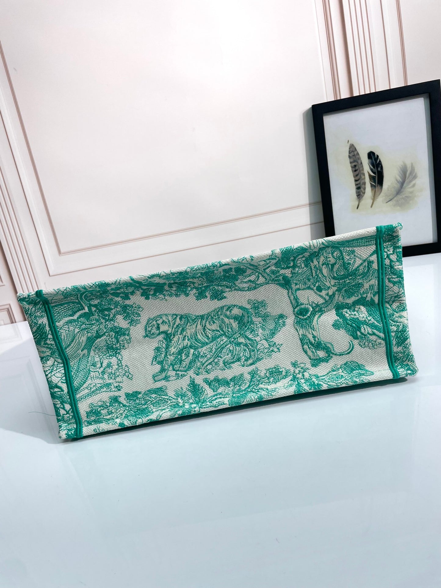 Dior Green Toile Pattern Embroidered Canvas Tote Bag with Top Handles