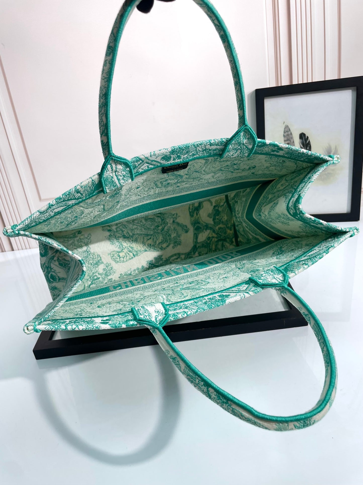 Dior Green and White Toile de Jouy Embroidered Canvas Travel Tote