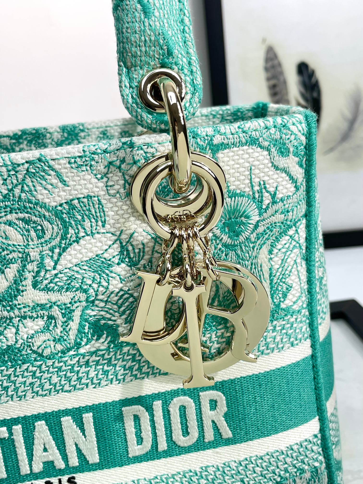 Dior Teal Toile Pattern Embroidered Canvas Top Handle Handbag