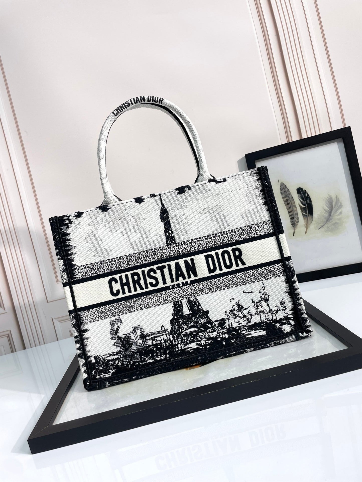 Christian Dior Large Book Tote Bag - Paris Eiffel Tower Print Embroidery - Black & White