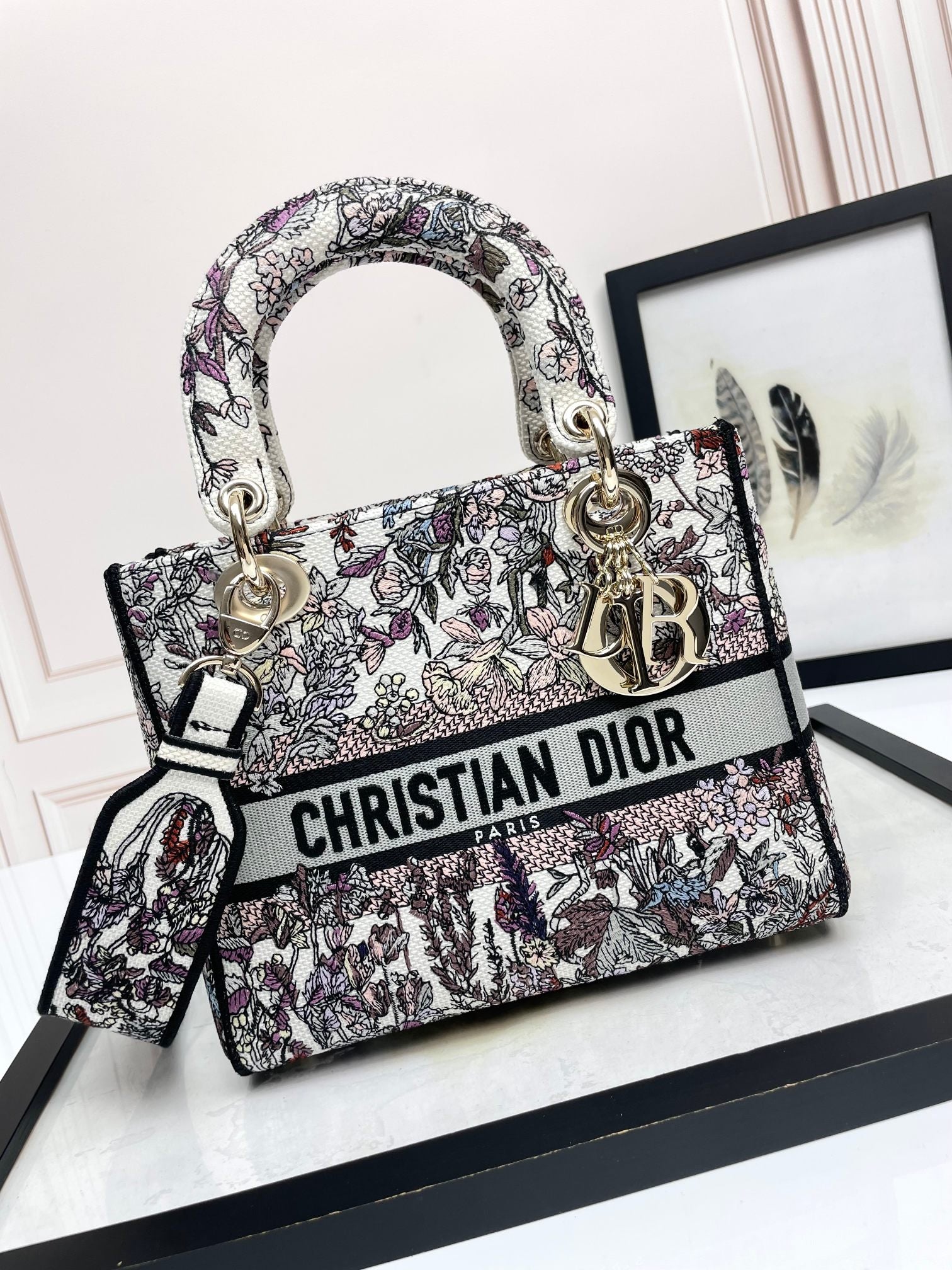 Christian Dior Lady D-Lite Medium Embroidered Floral Handbag