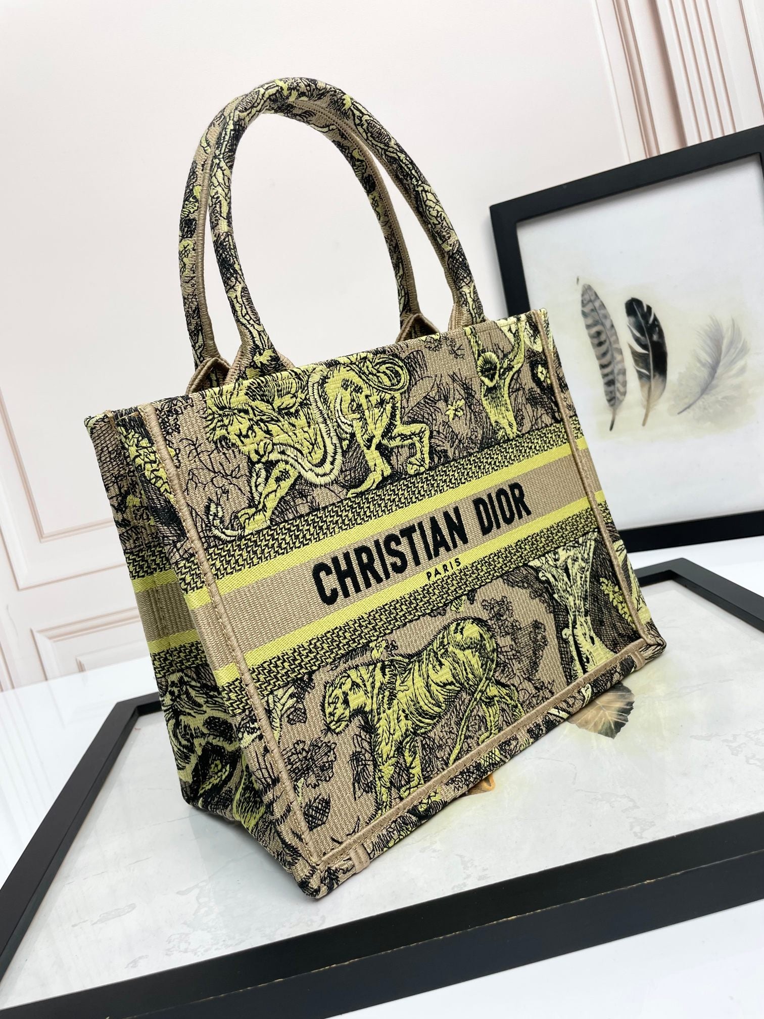 Christian Dior Book Tote Yellow and Beige Toile de Jouy Sauvage Embroidery