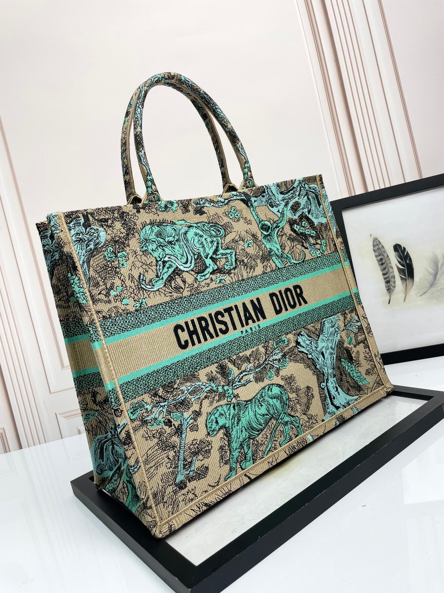 Christian Dior Book Tote - Toile de Jouy Animals Canvas Bag - Beige &amp; Green