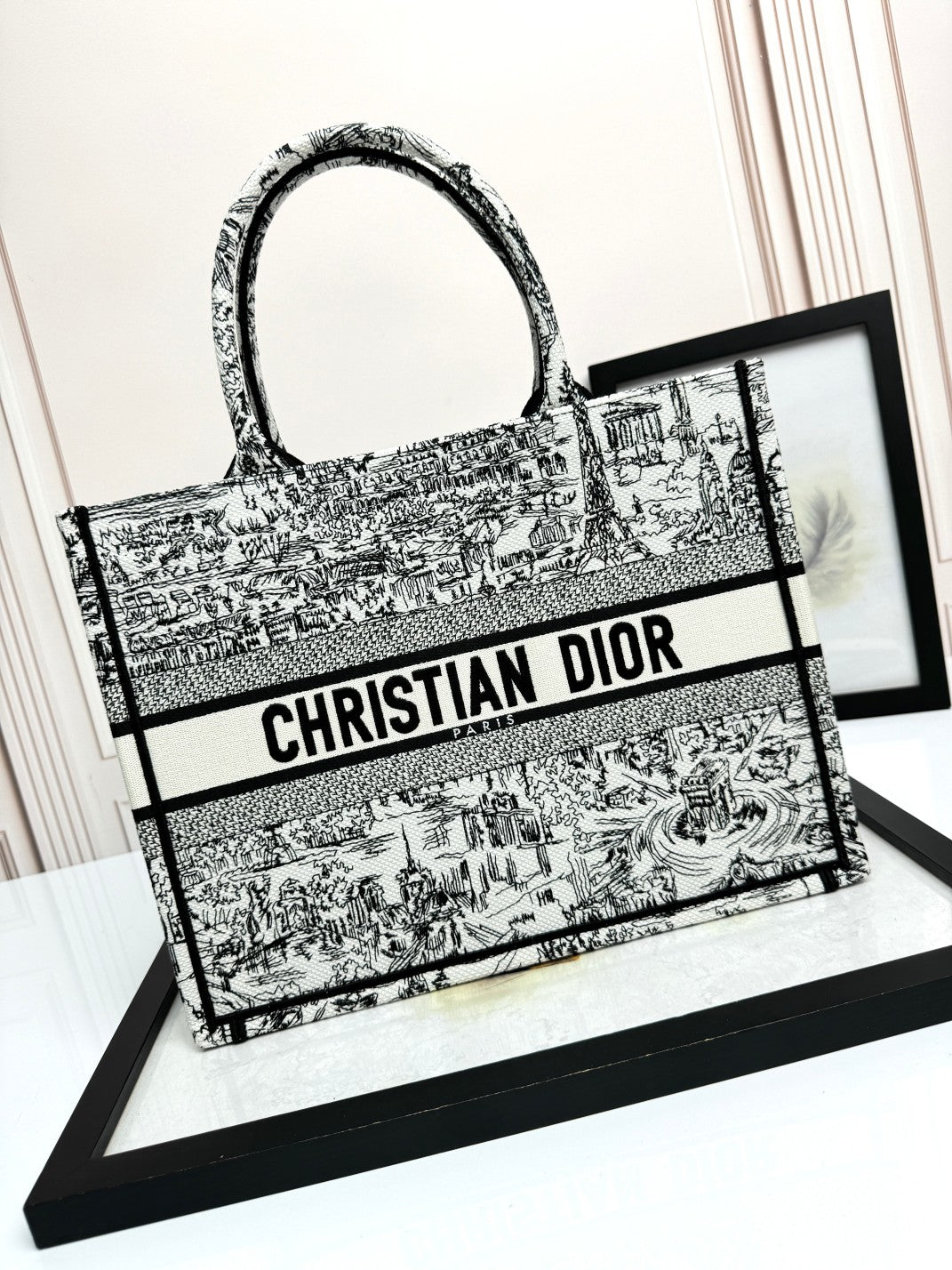 Christian Dior Large Book Tote Black and White Toile de Jouy Embroidery Handbag