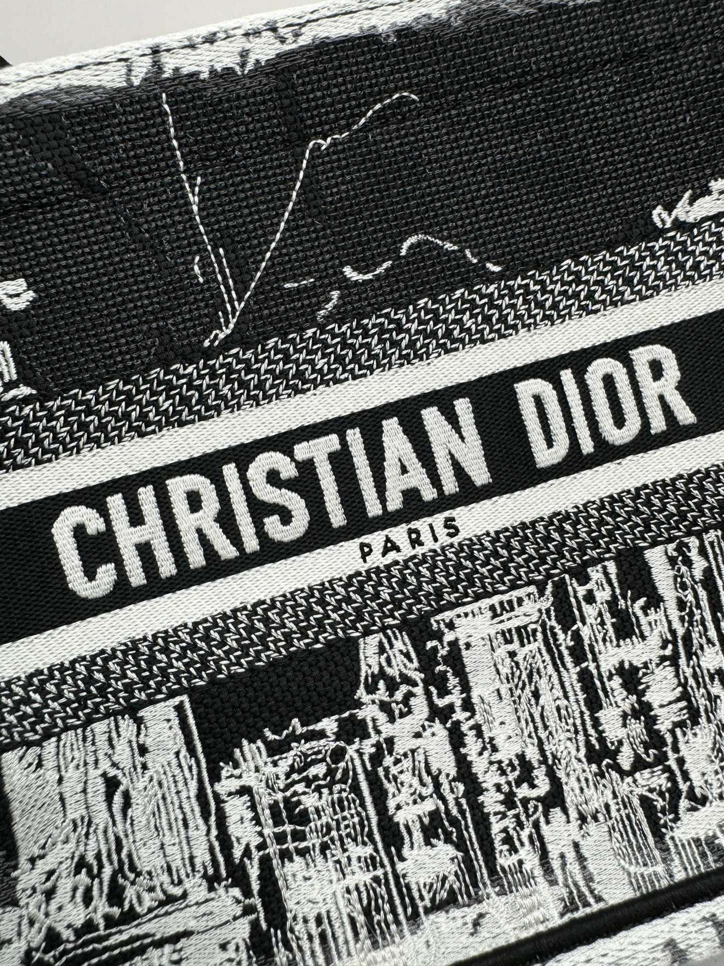 Dior Monochrome City Landscape Embroidered Canvas Tote Handbag