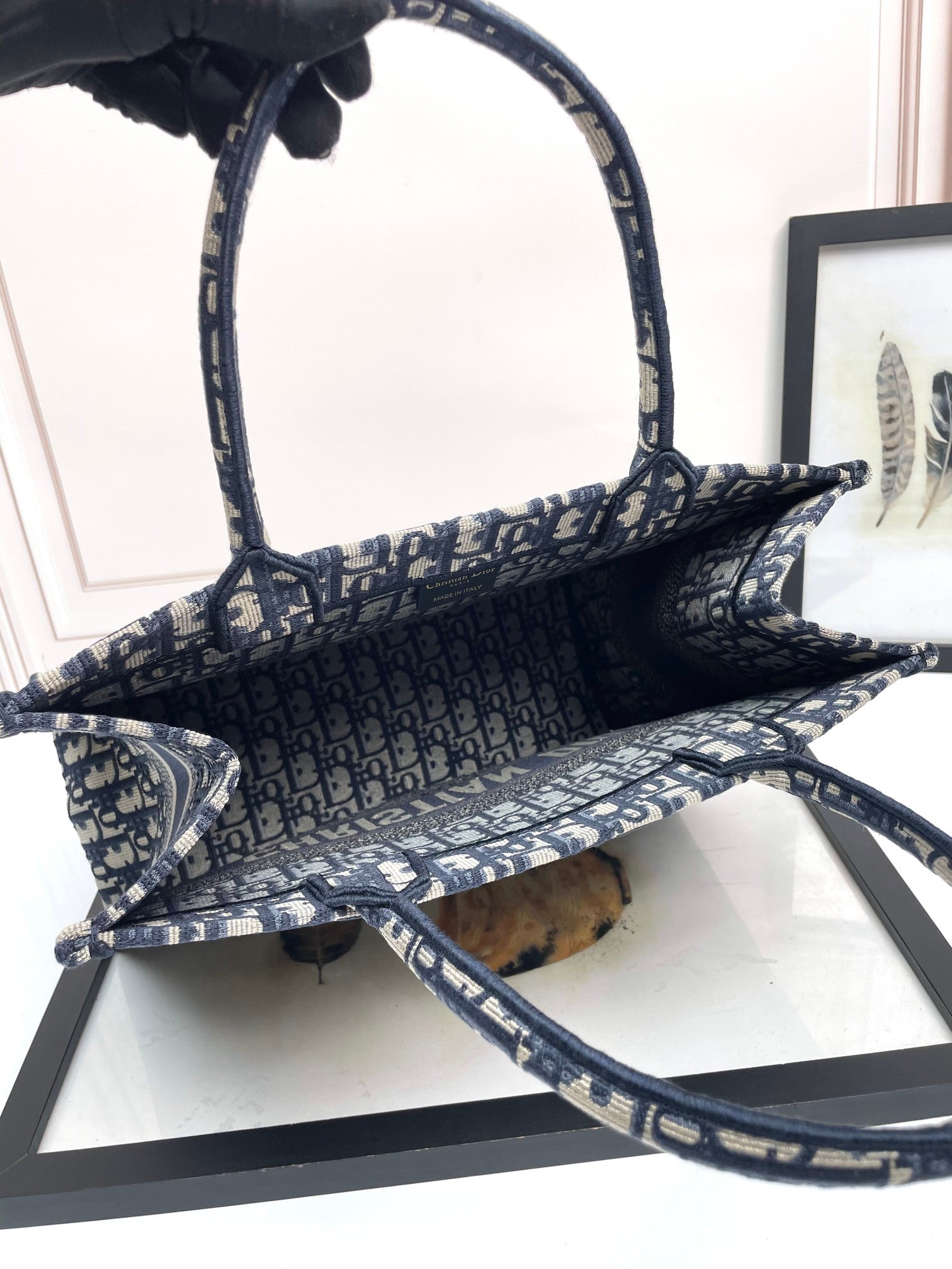 Dior Vintage Navy Blue Monogram Canvas Tote Bag Large Top Handle Handbag