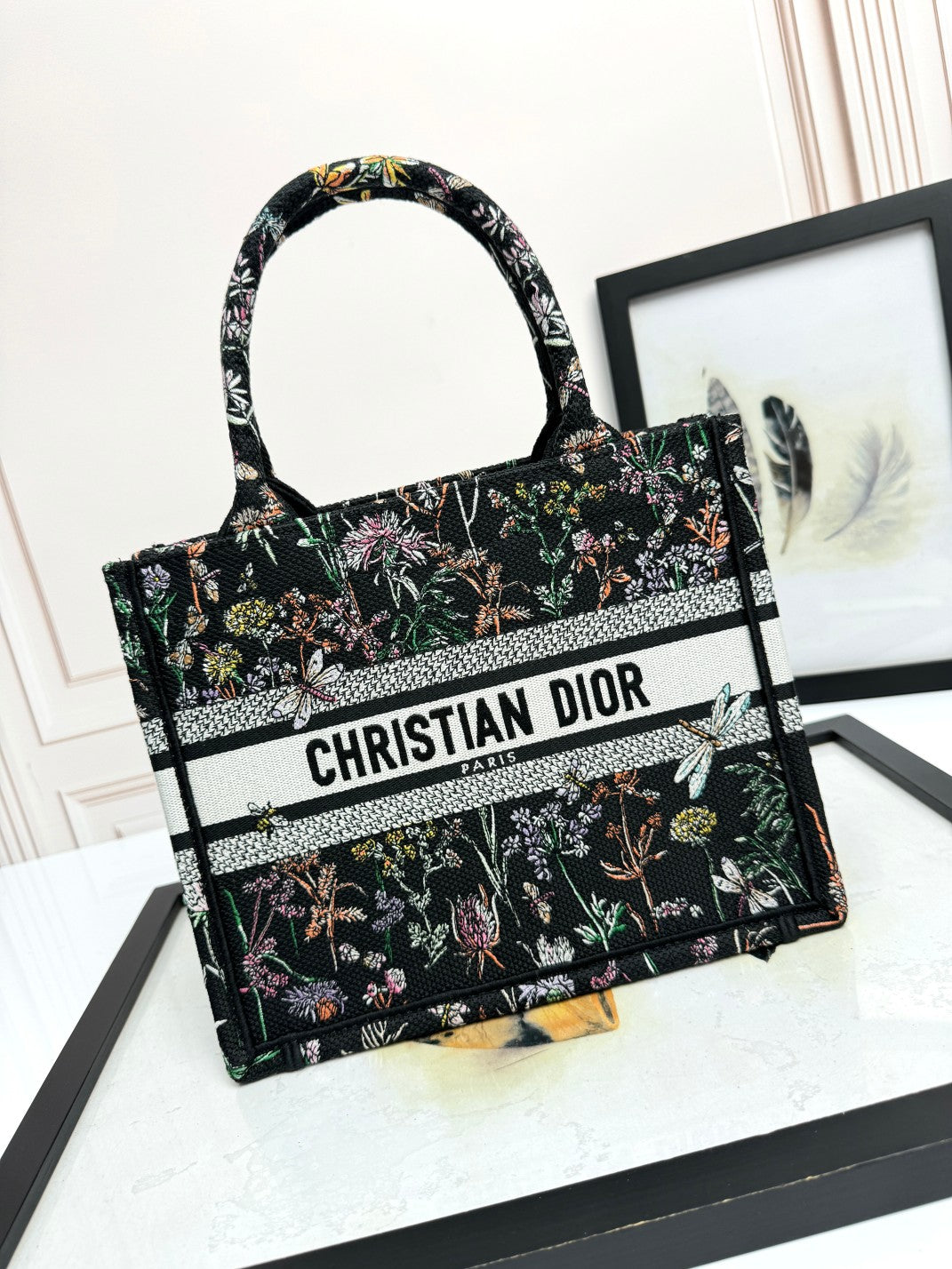 Dior Vintage Floral Embroidered Canvas Tote Handbag with Top Handles