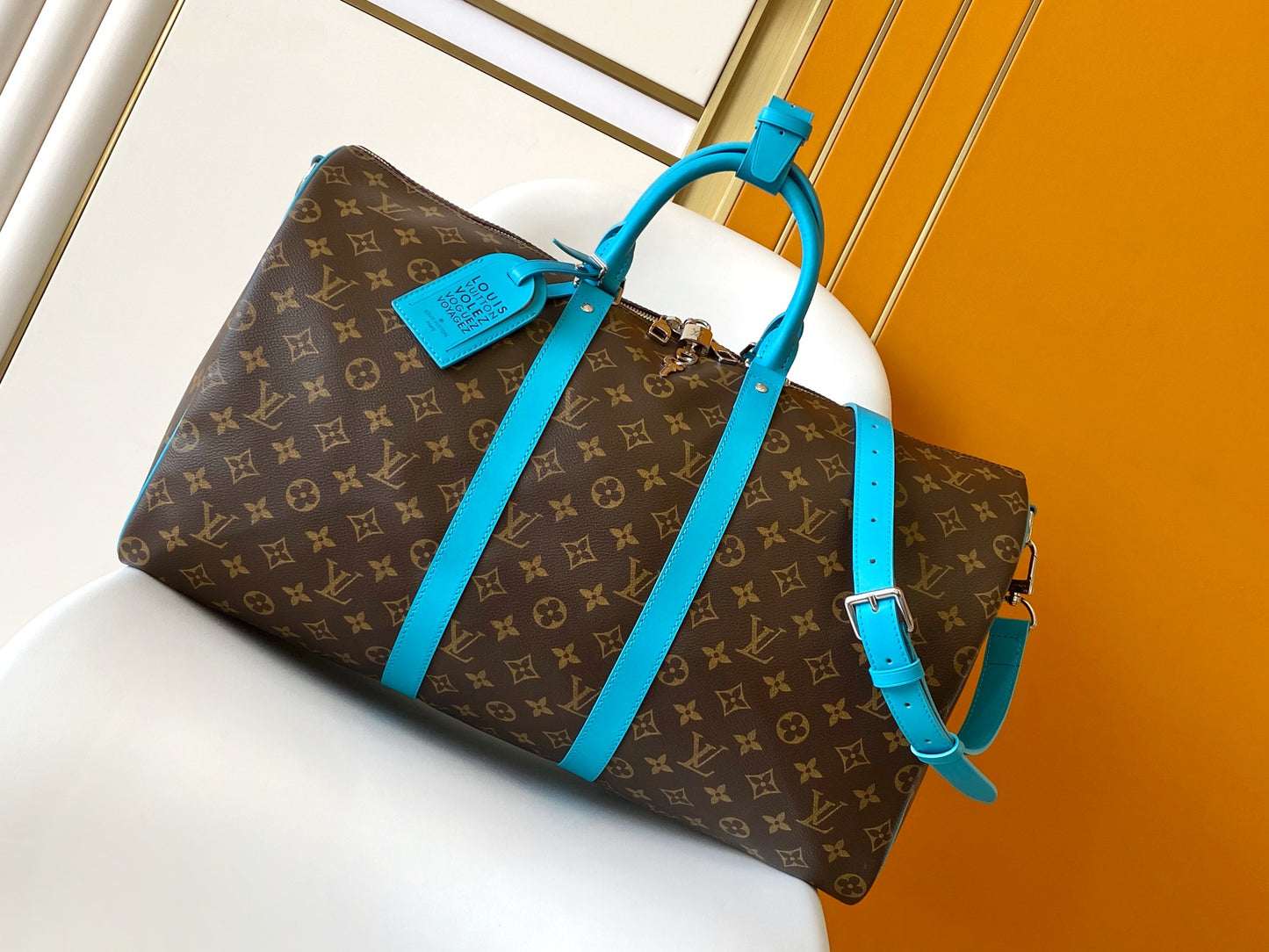 Louis Vuitton Vintage Monogram Canvas Travel Duffle Bag with Blue Leather Trim