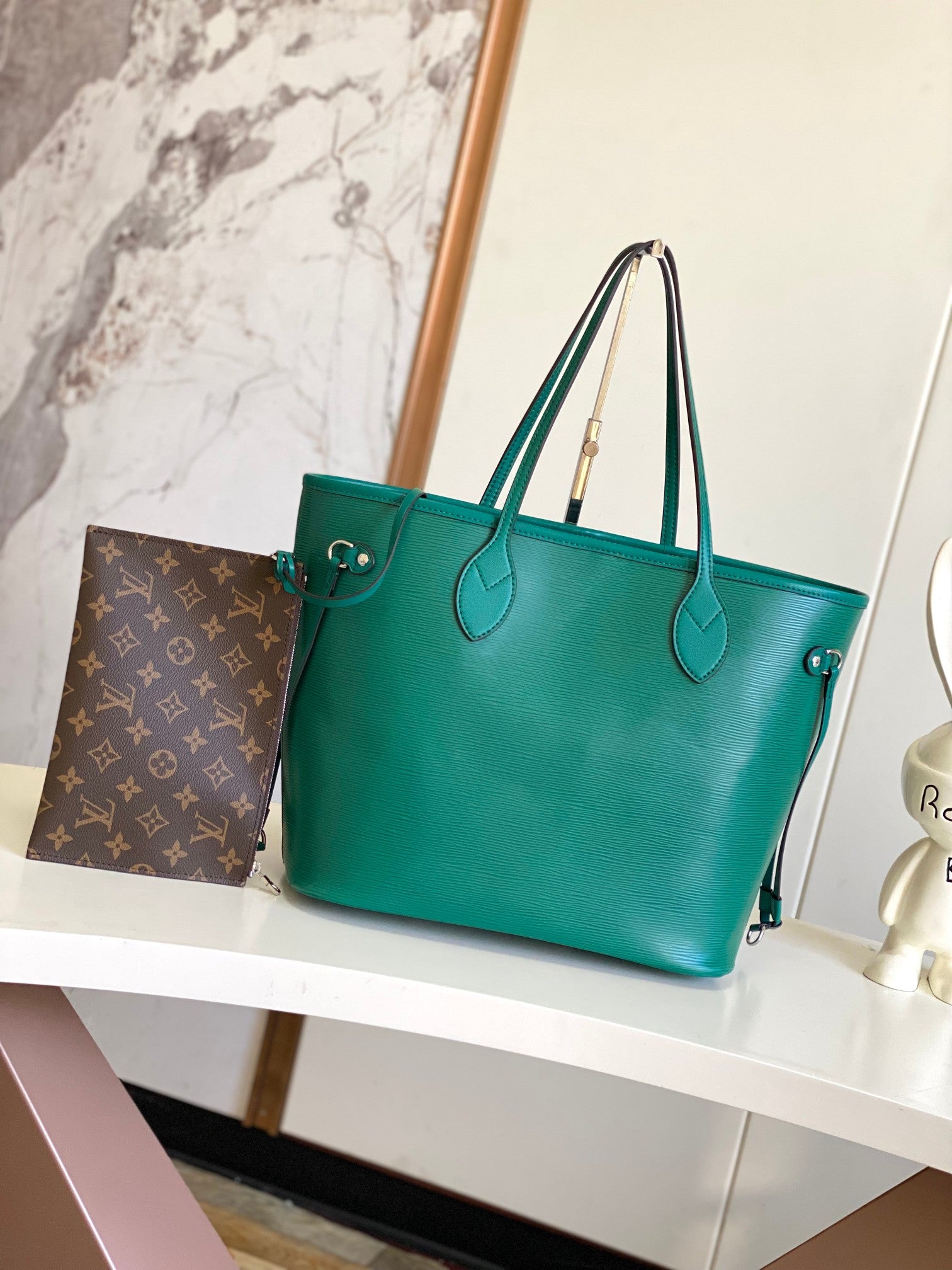 Louis Vuitton Classic Green Textured Leather Tote Bag with Side Drawstrings