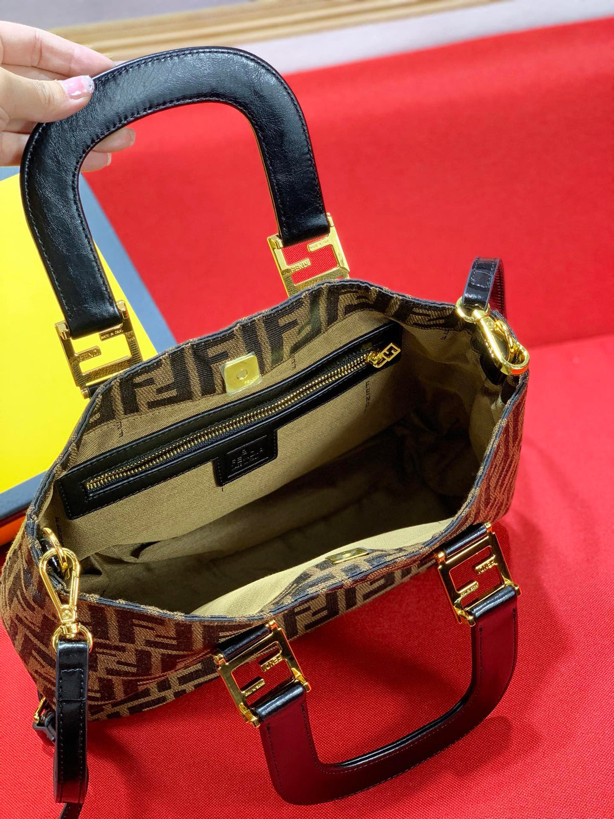 Fendi Sunshine Shopper Mini Canvas Tote Bag with FF Motif Brown/Gold