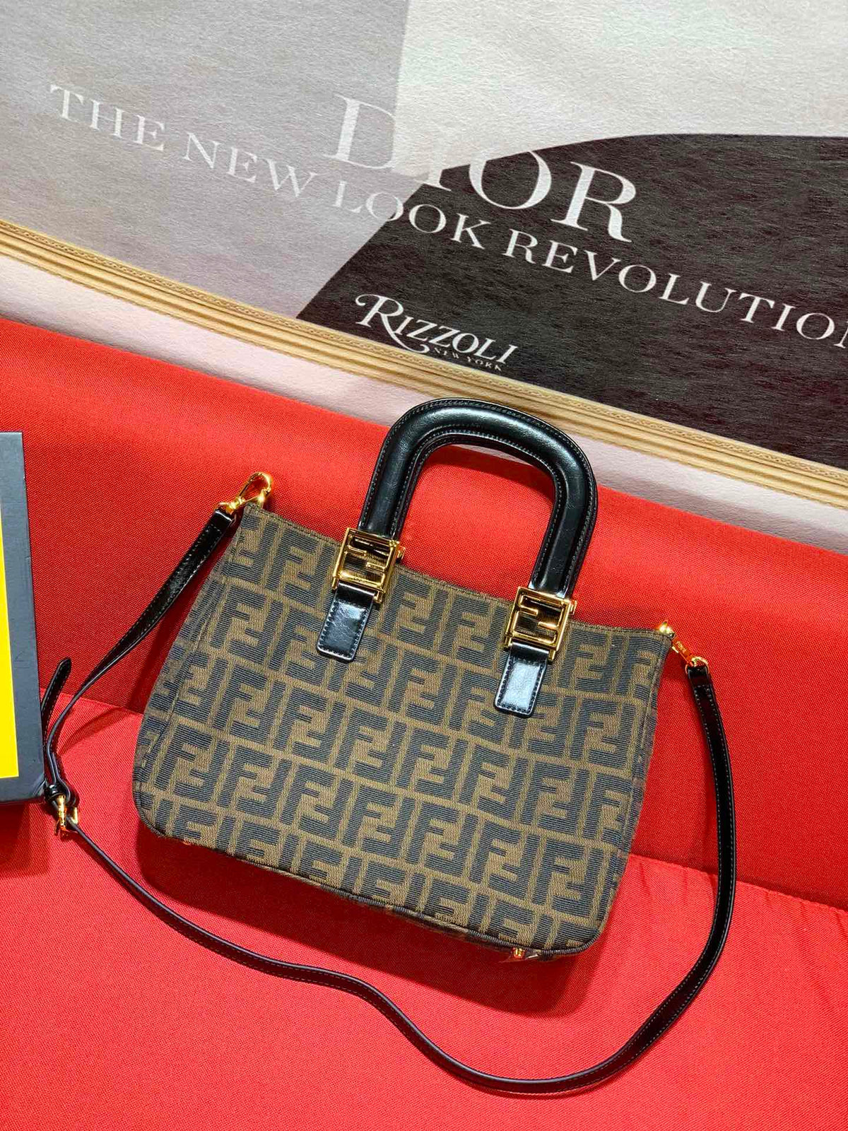 Fendi Sunshine Shopper Mini Canvas Tote Bag with FF Motif Brown/Gold