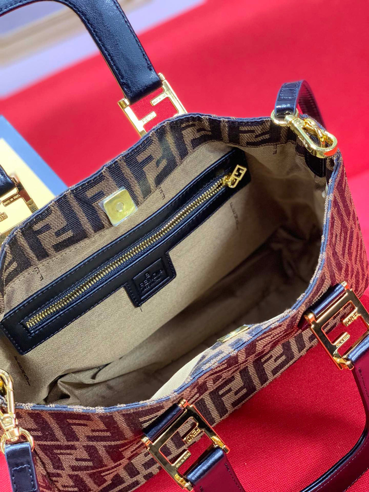 Fendi Sunshine Shopper Mini Canvas Tote Bag with FF Motif Brown/Gold