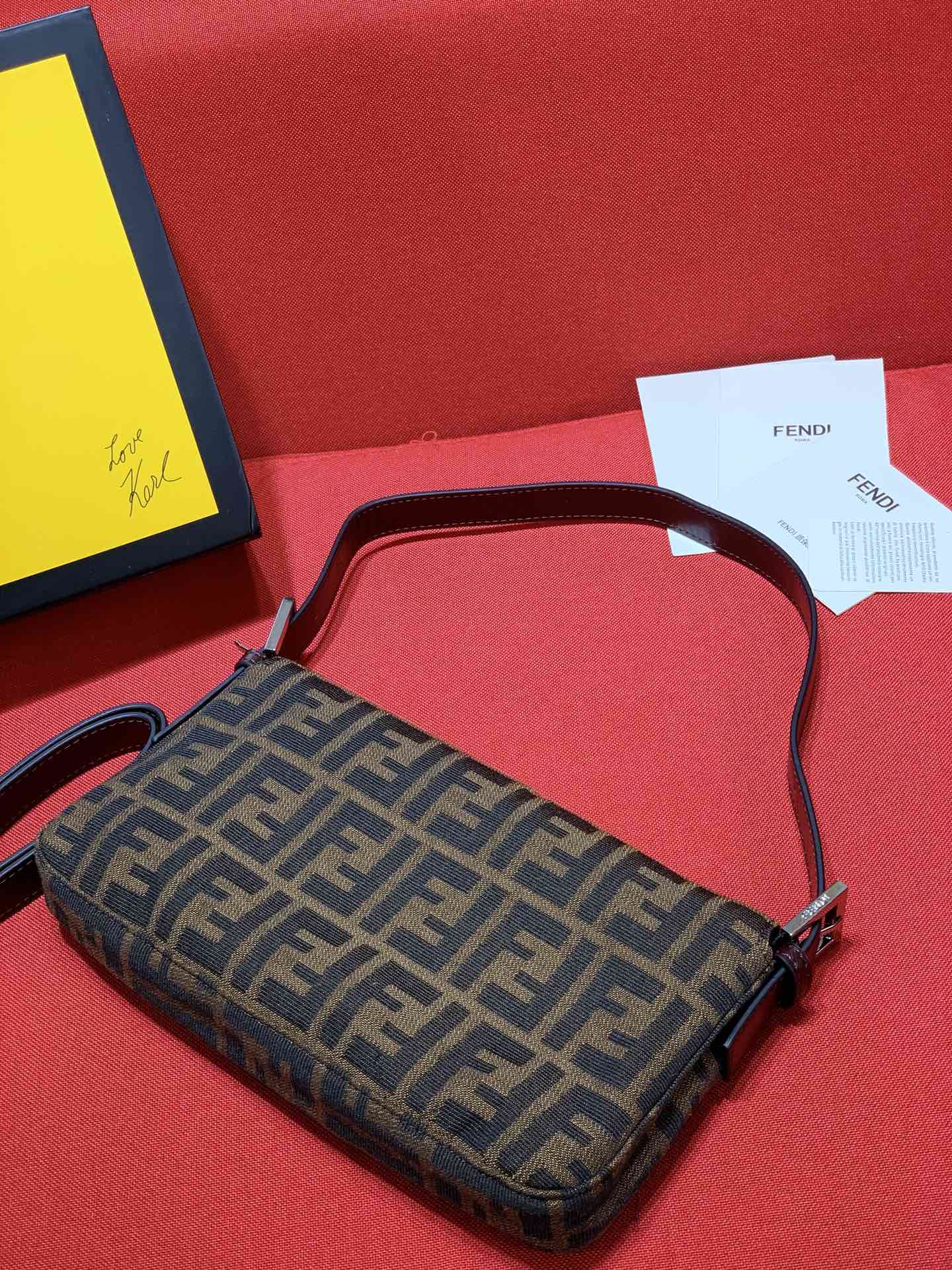 Fendi Brown Zucca Canvas Baguette Bag with Logo Clasp