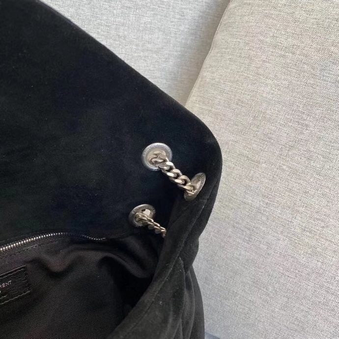 Saint Laurent Puffer Loulou Medium Shoulder Bag in Black Suede with Silver Hardware