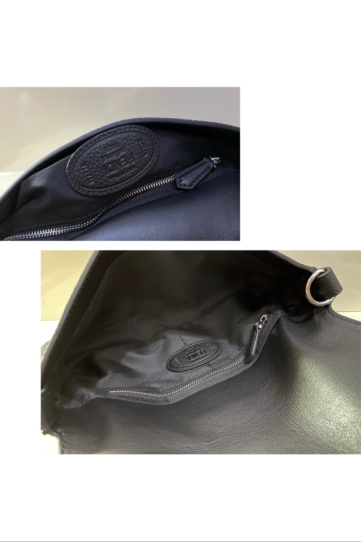 Fendi Black Leather Baguette Shoulder Bag with FF Buckle and Box