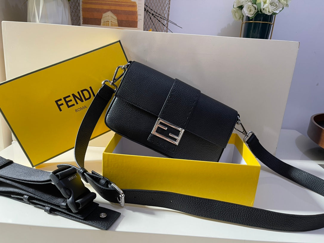 Fendi Black Leather Baguette Shoulder Bag with FF Buckle and Box