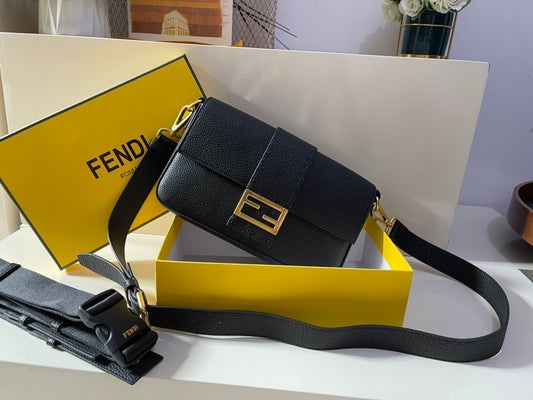 Fendi Black Leather Baguette Shoulder Bag with Gold-Tone FF Logo
